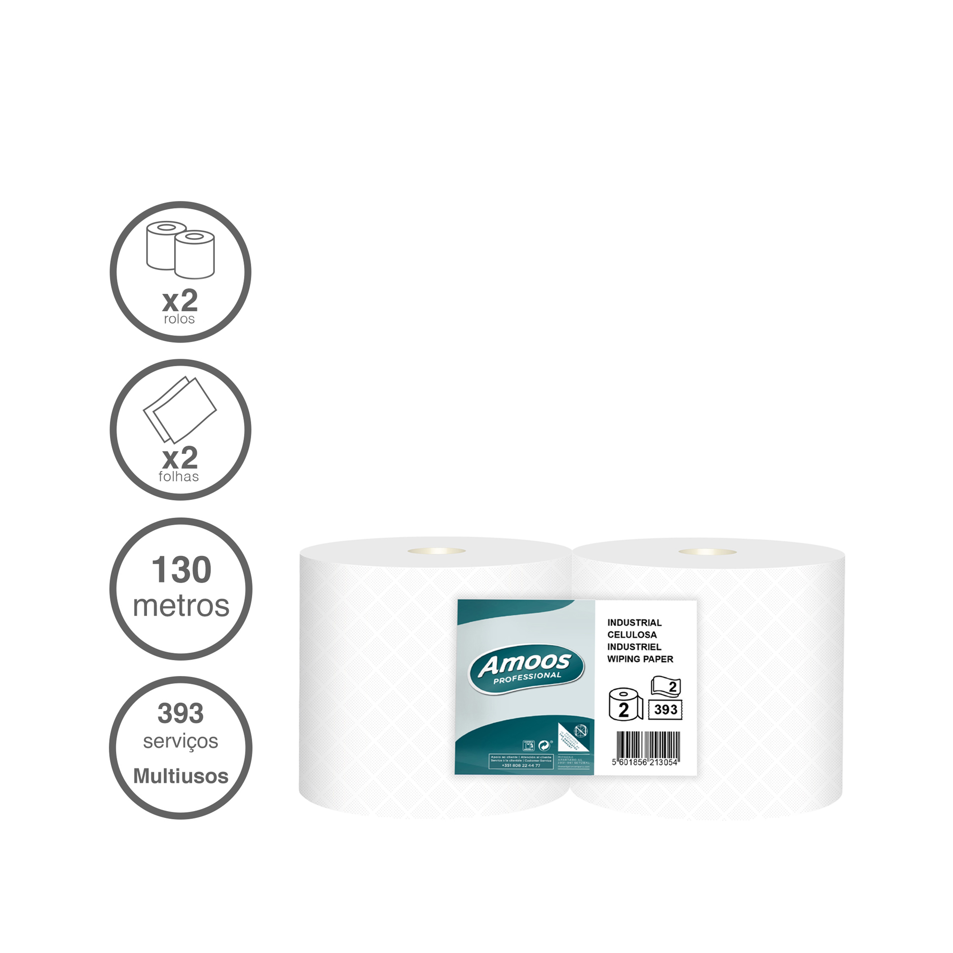 Rolo Papel Multiusos Industrial Airlaid 2 Folhas 393 Serviços 130m Pack 2