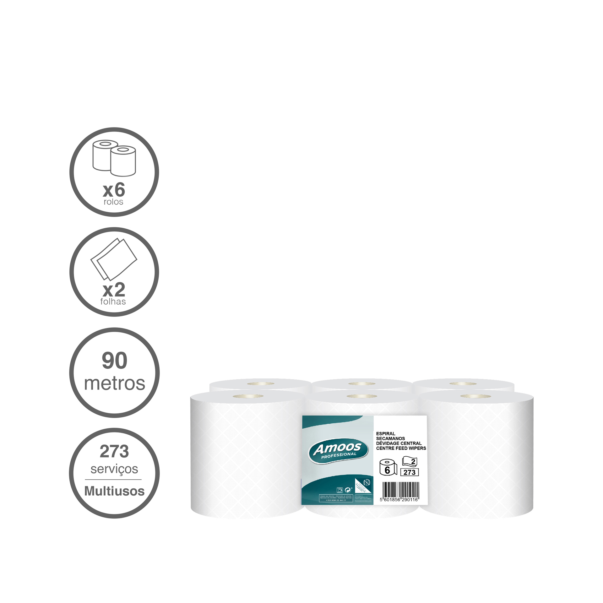 Rolo Papel Espiral 2 Folhas 273 Serviços 90m Pack 6