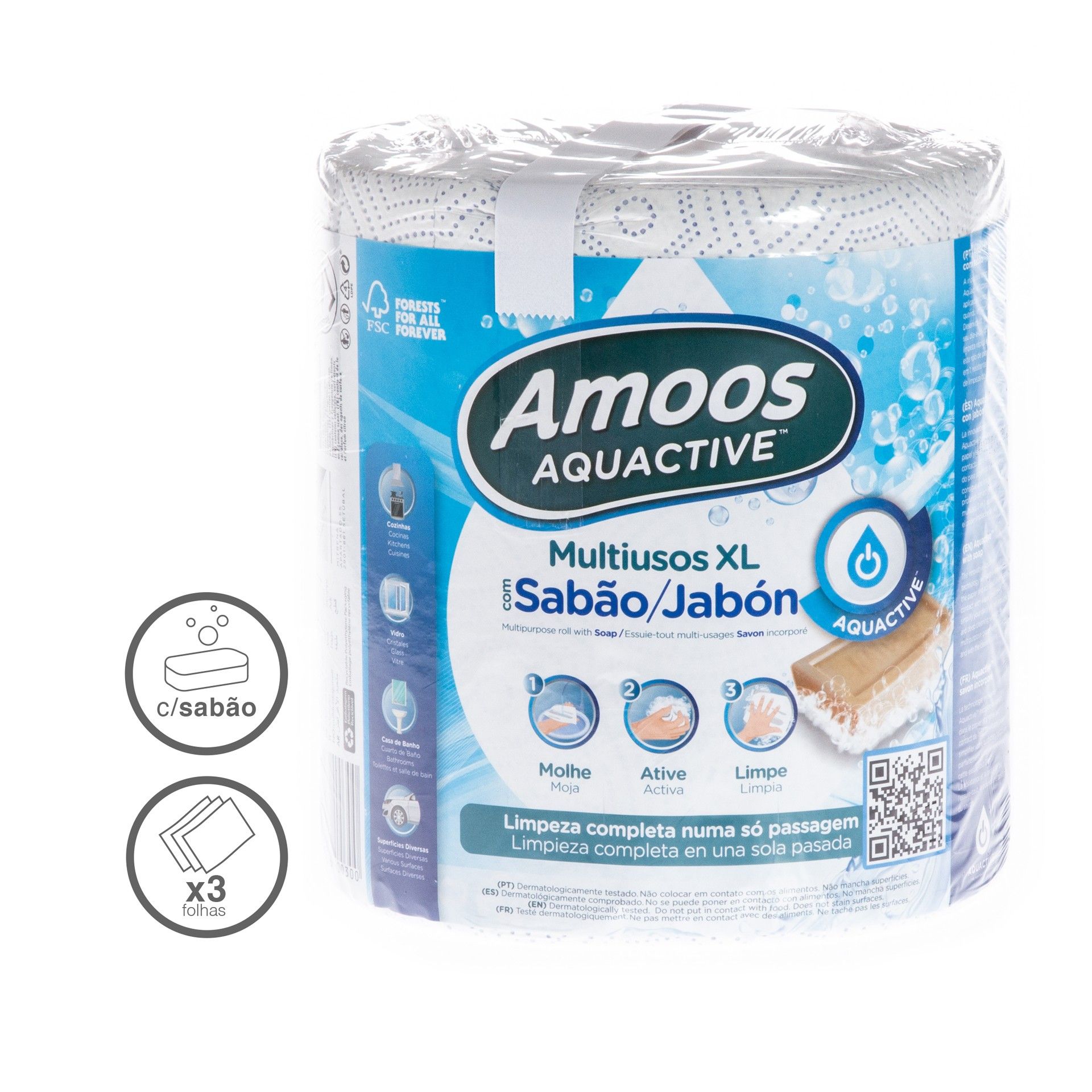 Rolo Papel Multiusos Aquative Sabão 3 Folhas 208 Serviços
