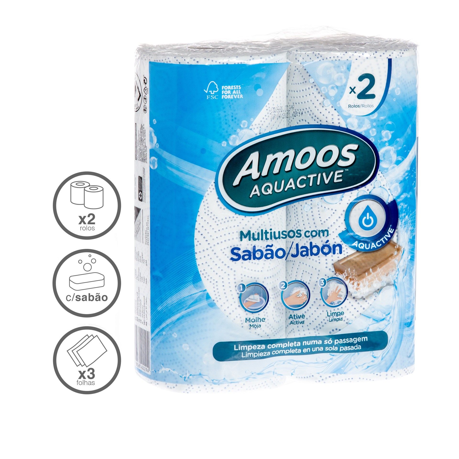 Rolo Papel Cozinha Aquactive 3 Folhas 70 Serviços Pack 2