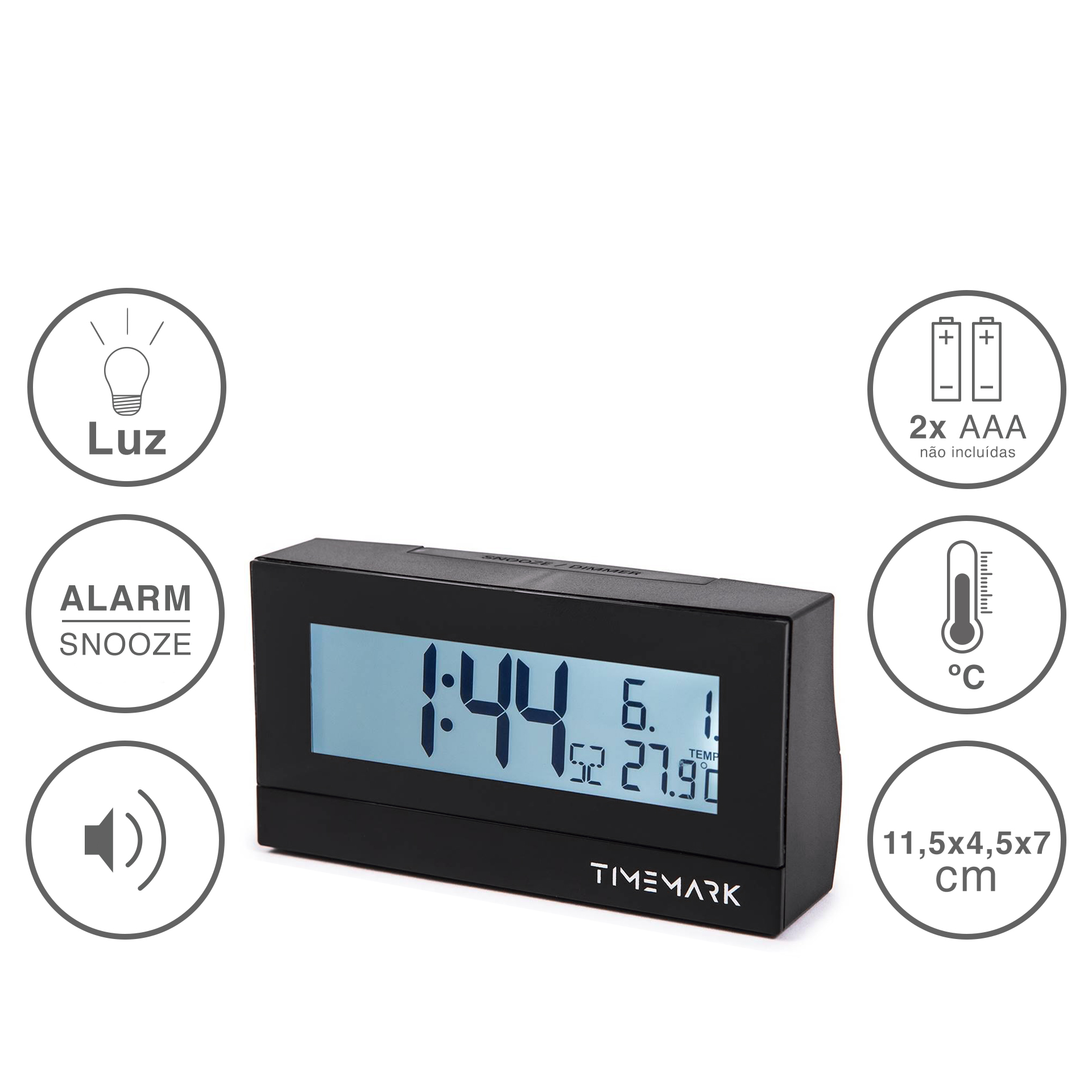 Despertador Timemark Digital Plástico Preto 11.5X4.5X7cm
