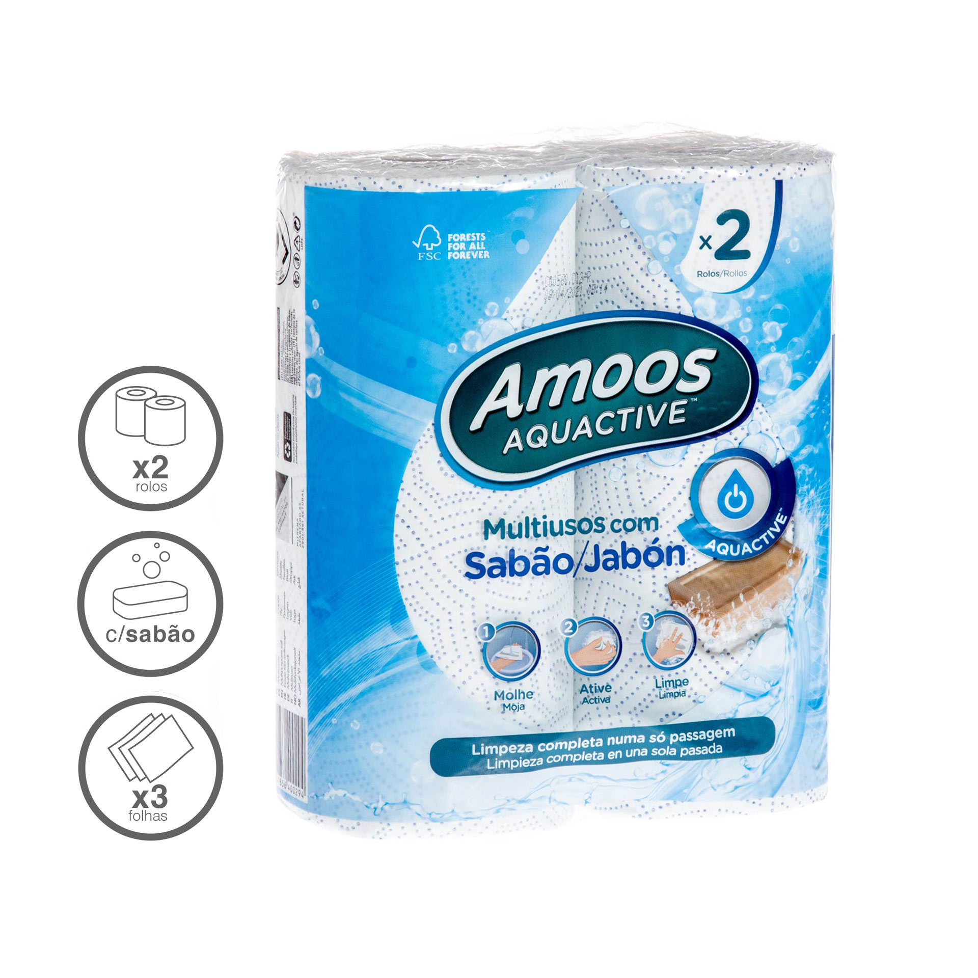 Rolo Papel Cozinha Aquactive 3 Folhas 70 Serviços Pack 2