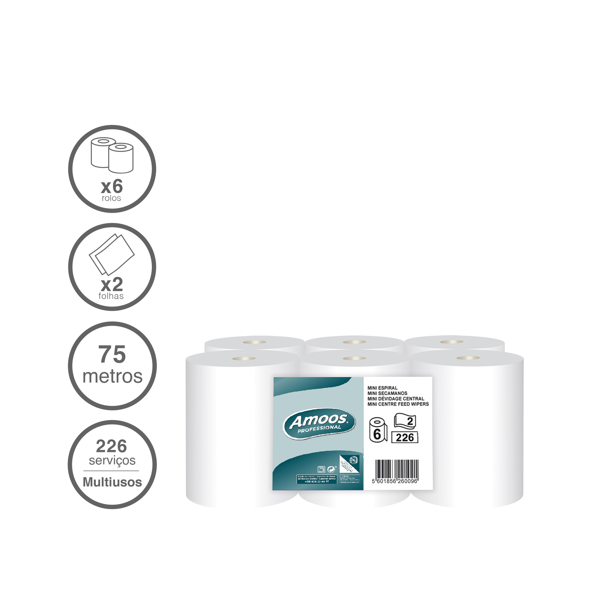 Rolo Papel Espiral 2 Folhas 226 Serviços 75m Pack 6