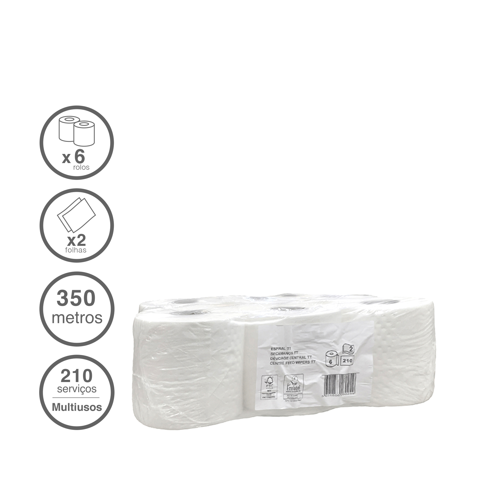 Rolo Papel Multiusos Aspiral 2 Folhas 210 Serviços Pack 6