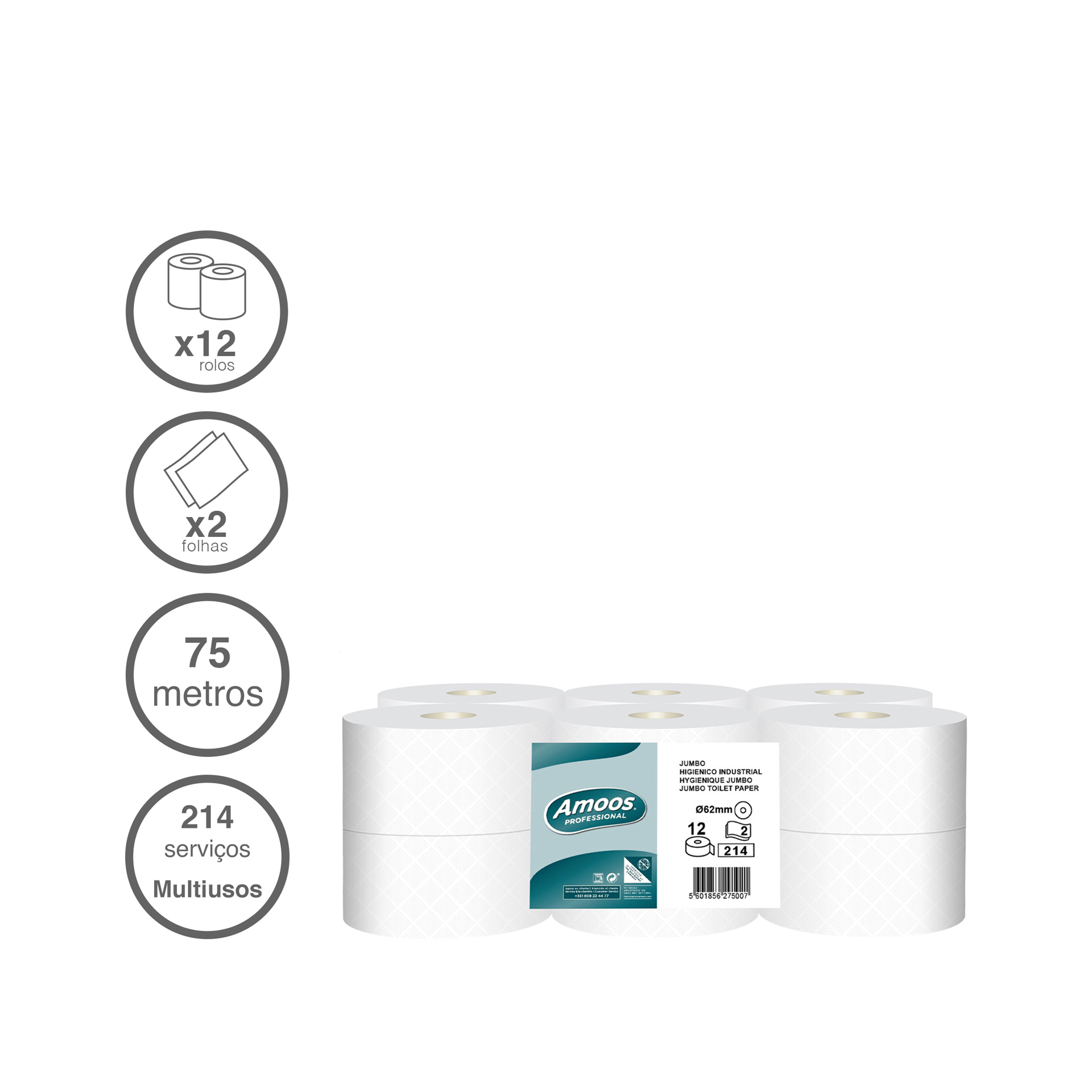 Rolo Papel Higiénico Jumbo 214 Serviços 75m Pack 12