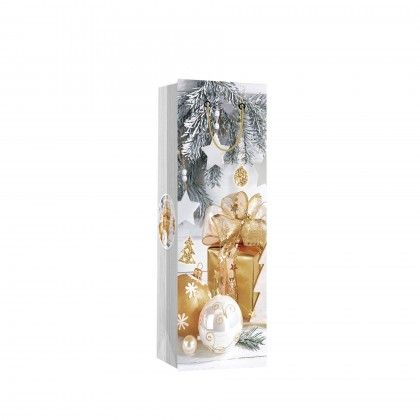 Saco Papel 1 Garrafa Natal Prateado Bolas 12X9X36cm