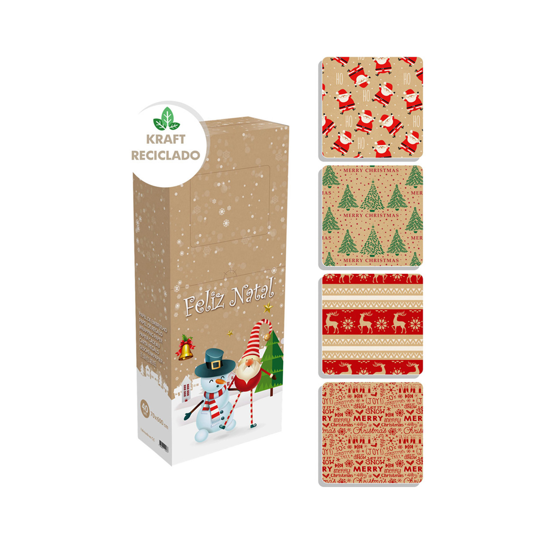 Rolo Papel Kraft Embrulho Natal 70X600CM
