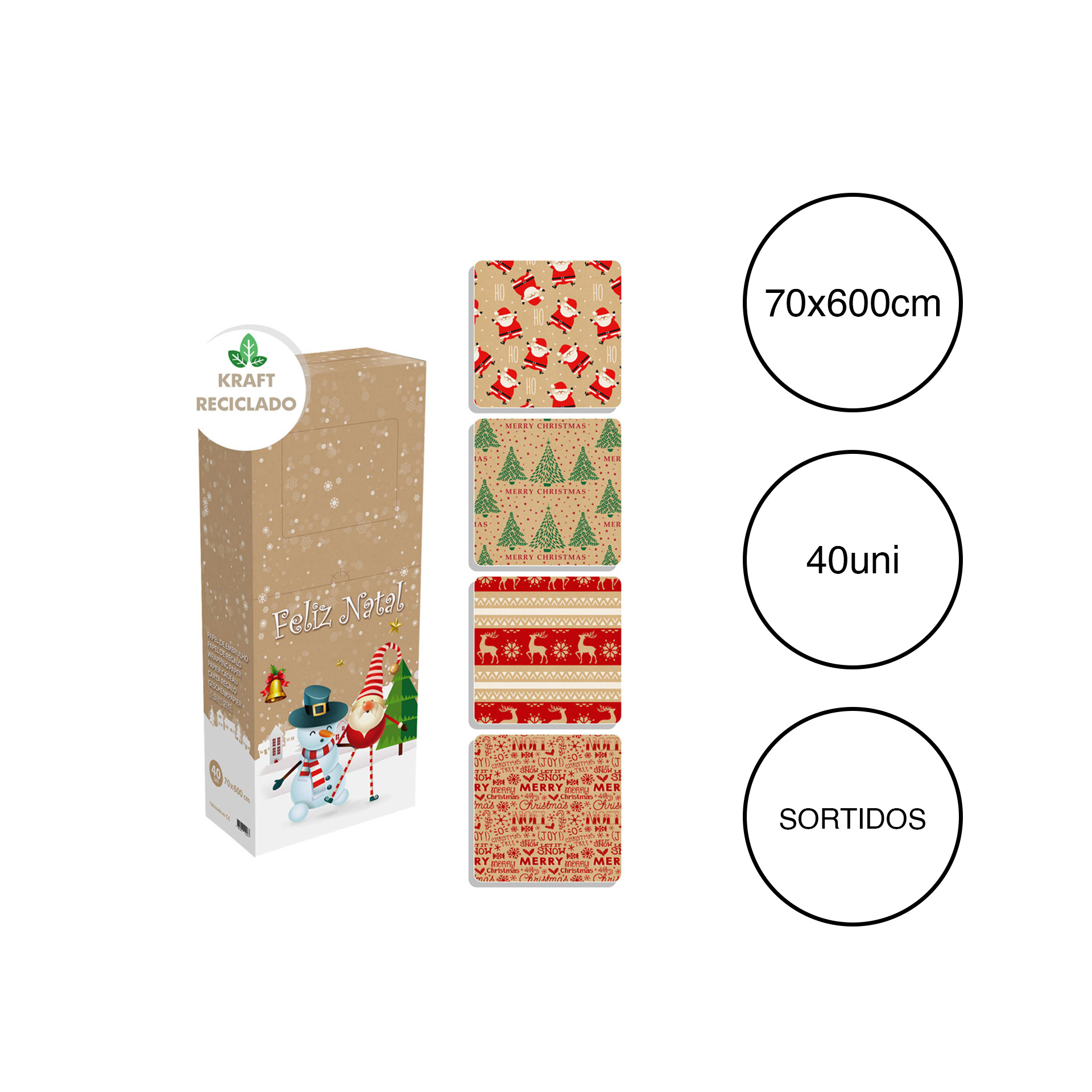 Rolo Papel Kraft Embrulho Natal 70X600CM
