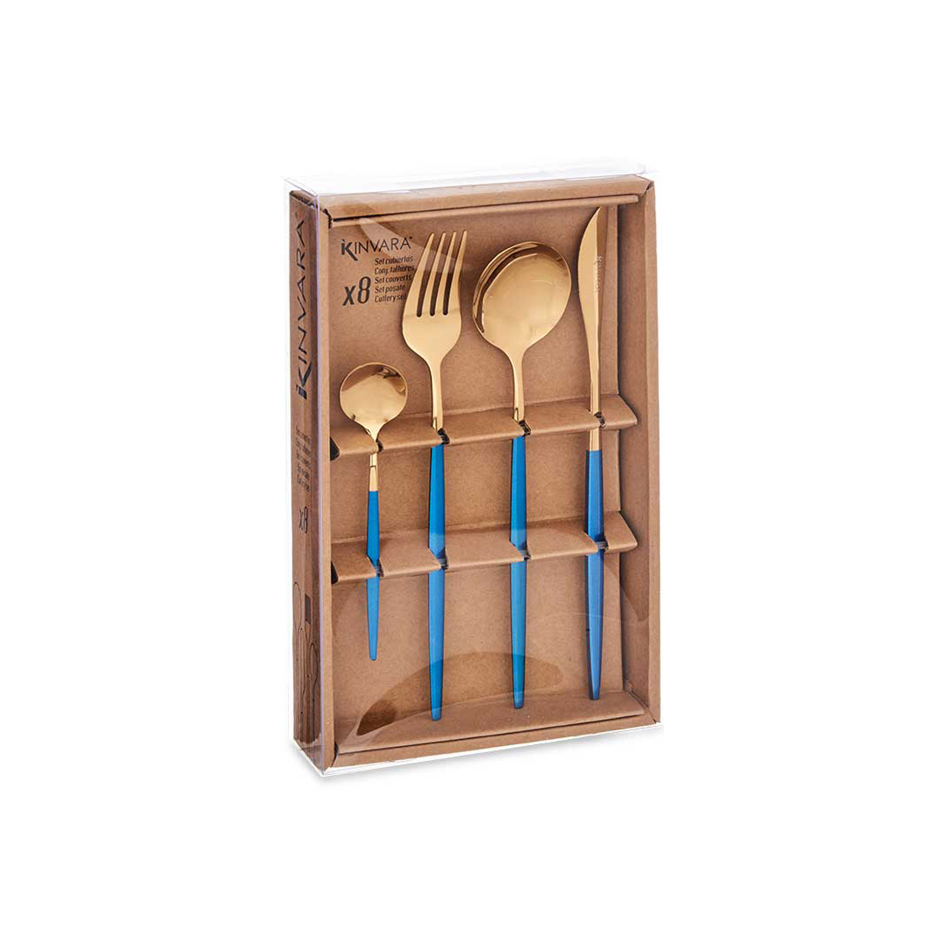 Faqueiro Aço Dourado / Azul 8 Peças