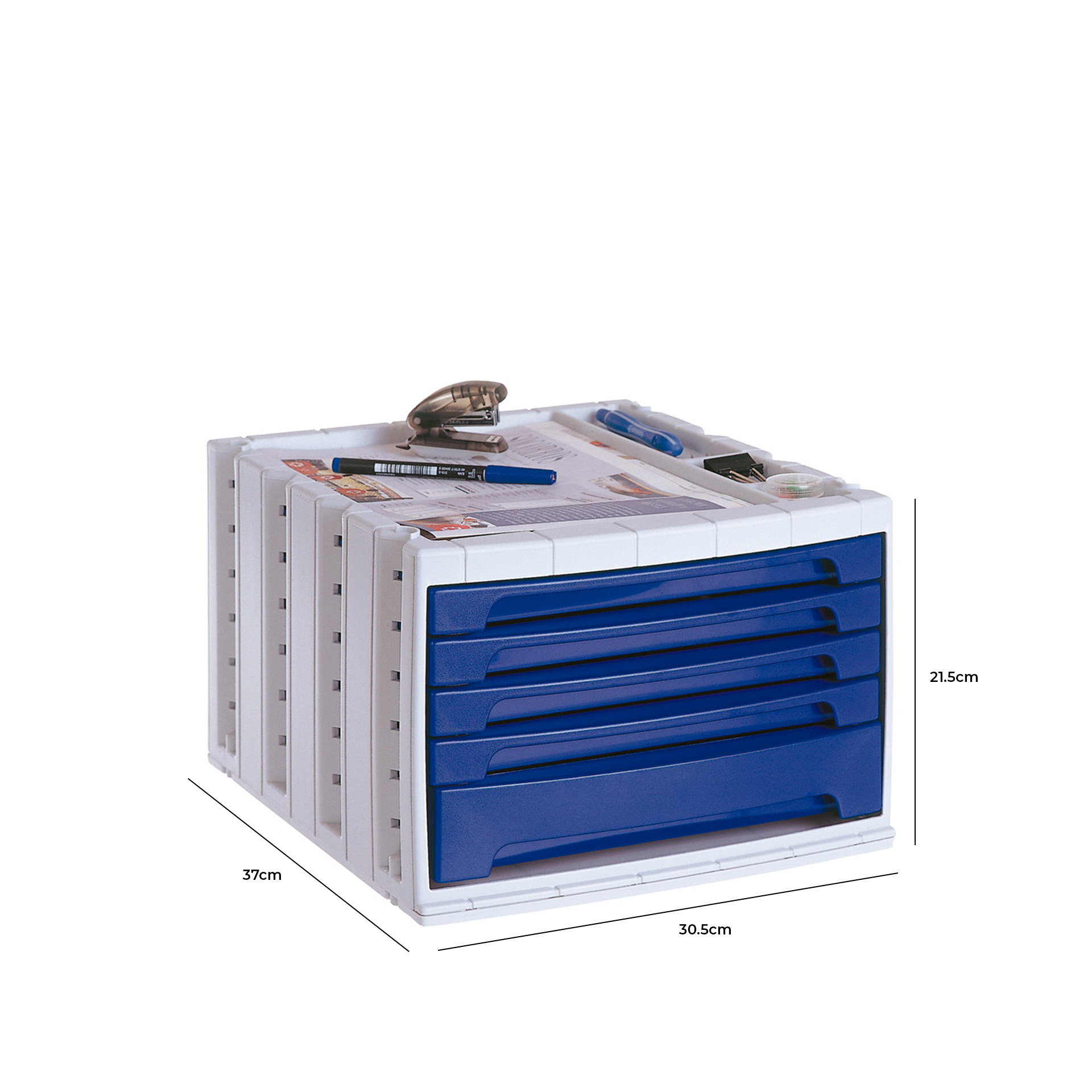 Bloco 5 Gavetas Classificadores Secretária Azul 37X30.5X21.5cm