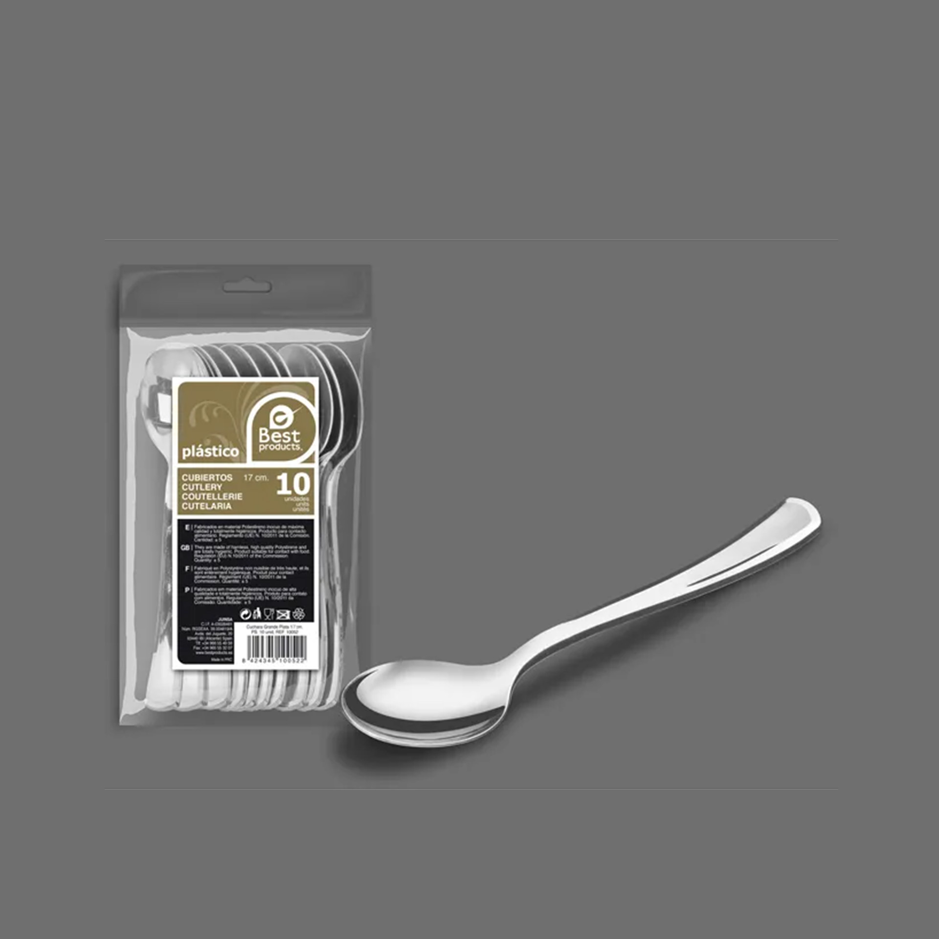 Colher Plástico Reutilizável Prata 17cm Pack 10