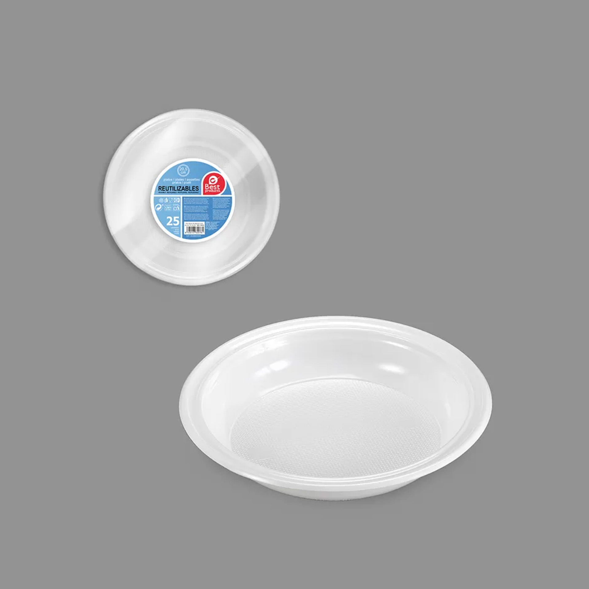 Prato Plástico Reutilizável Fundo Branco 20.5cm Pack 25