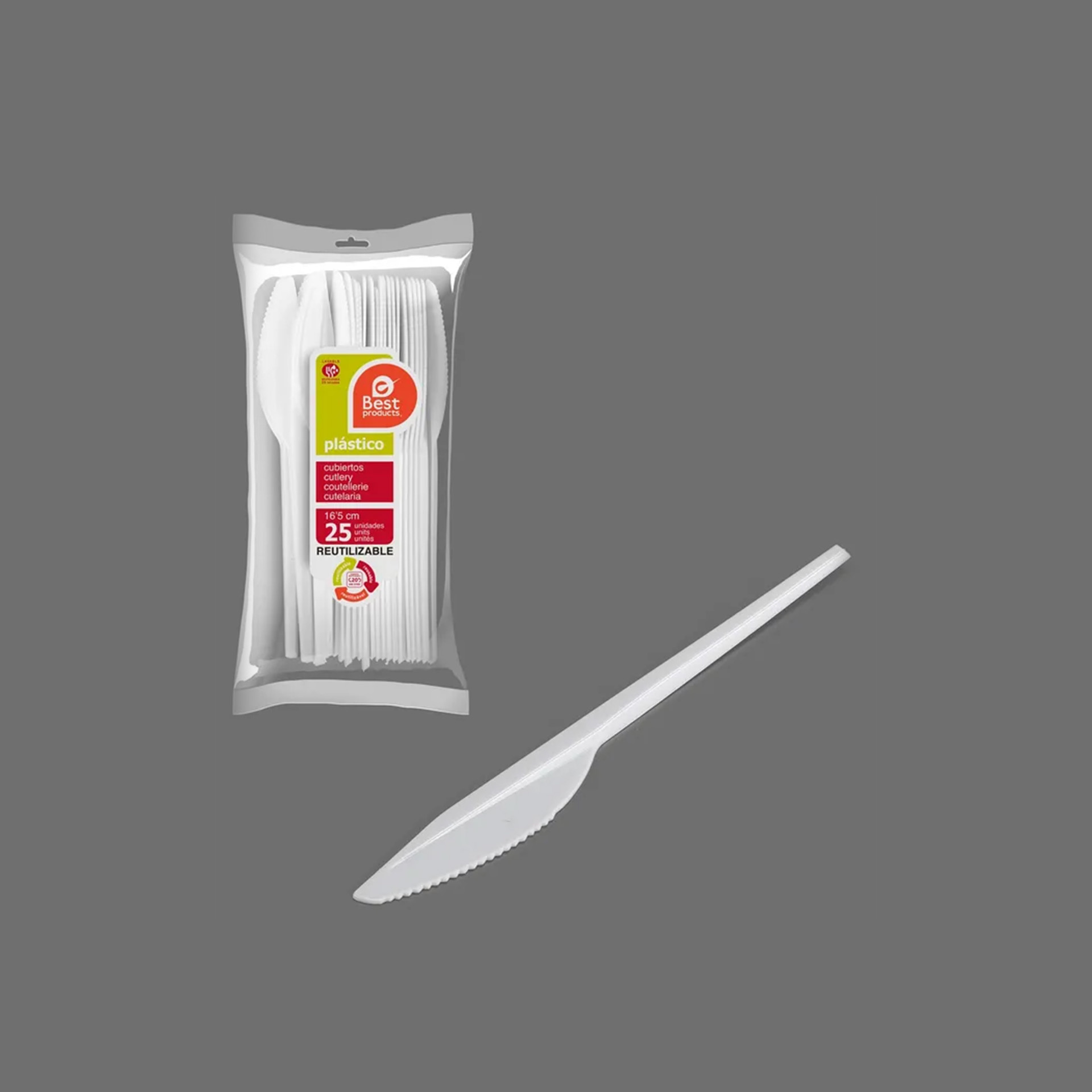 Faca Plástico Reutilizável Branco 16.5cm Pack 25