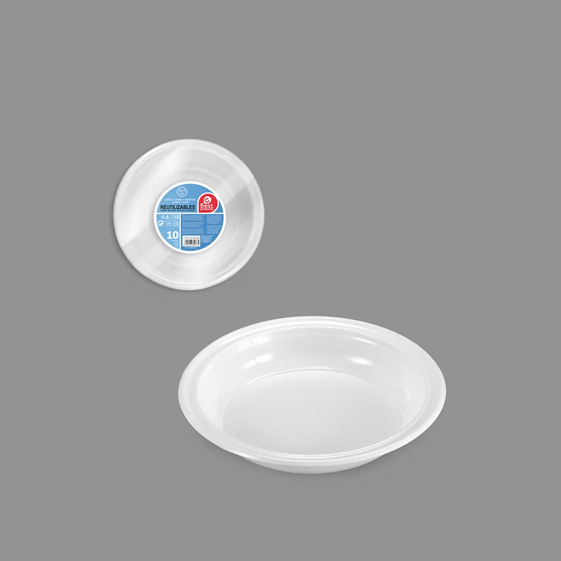 Prato Plástico Reutilizável Fundo Branco 20.5cm Pack 10