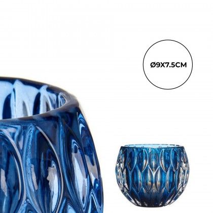 Porta Velas Vidro Hexgono Azul 9X7.5cm