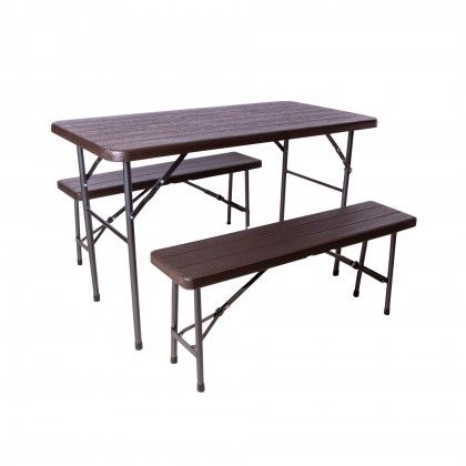 Mesa Furadouro com Bancos Plstico Castanho 120X60X74cm