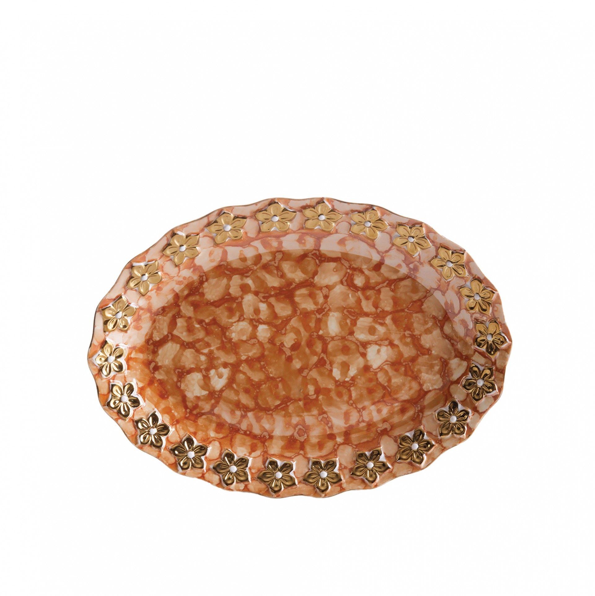 Prato Flores Douradas Oval Castanho 30CM
