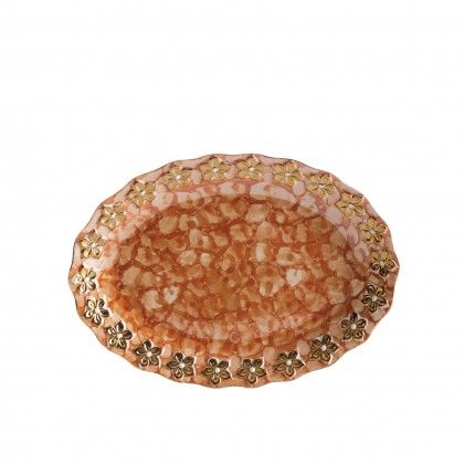 Prato Flores Douradas Oval Castanho 30CM