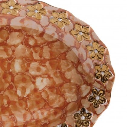 Prato Flores Douradas Oval Castanho 30CM