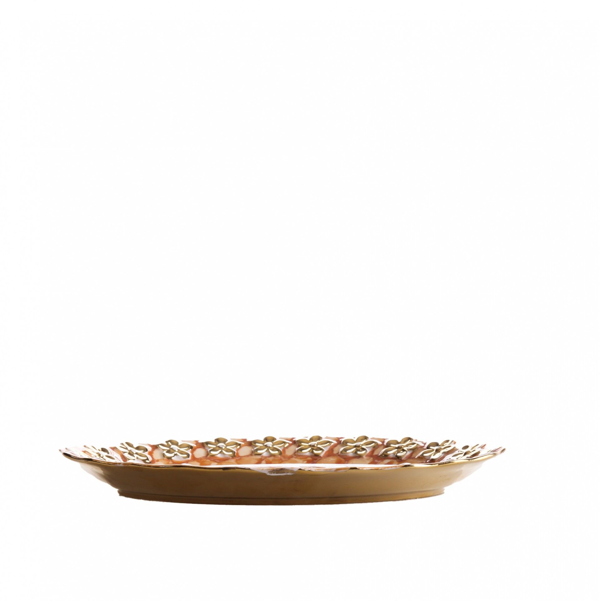 Prato Flores Douradas Oval Castanho 25CM