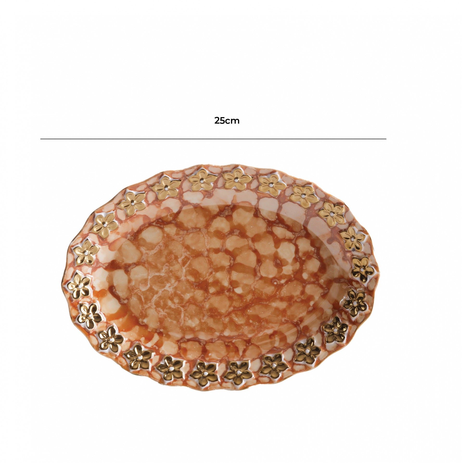 Prato Flores Douradas Oval Castanho 25CM