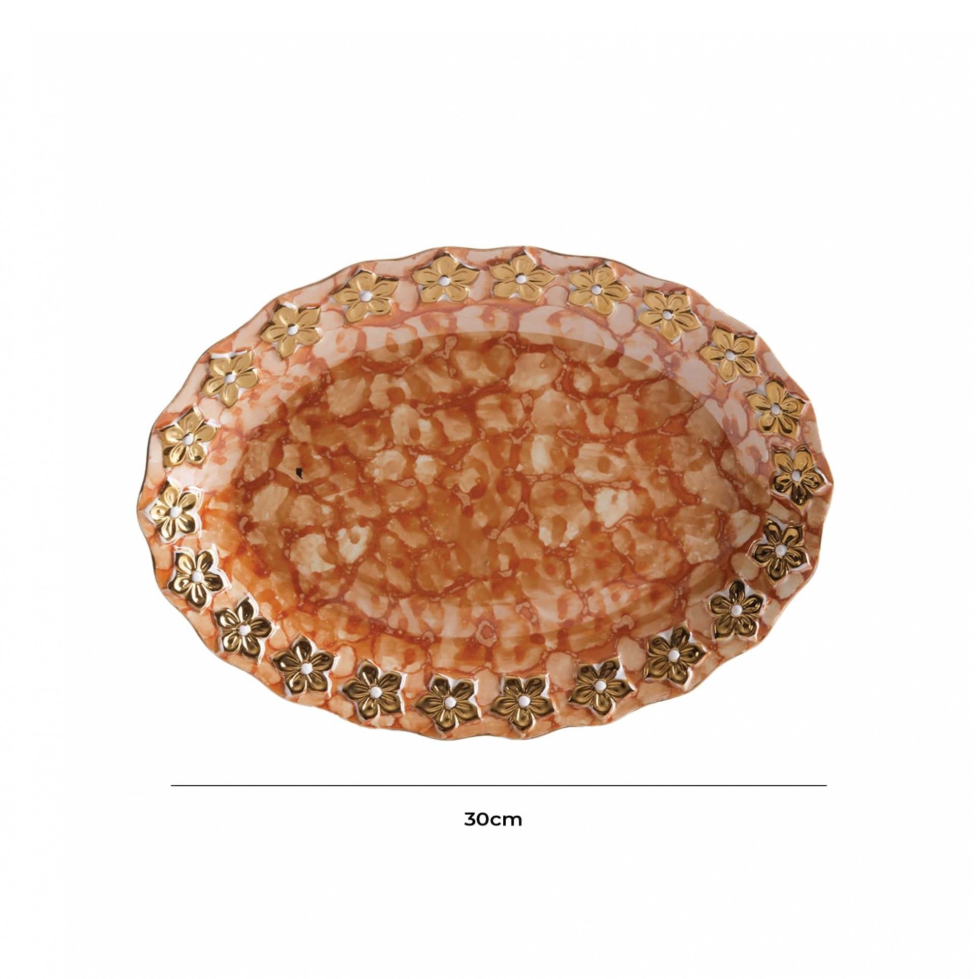 Prato Flores Douradas Oval Castanho 30CM