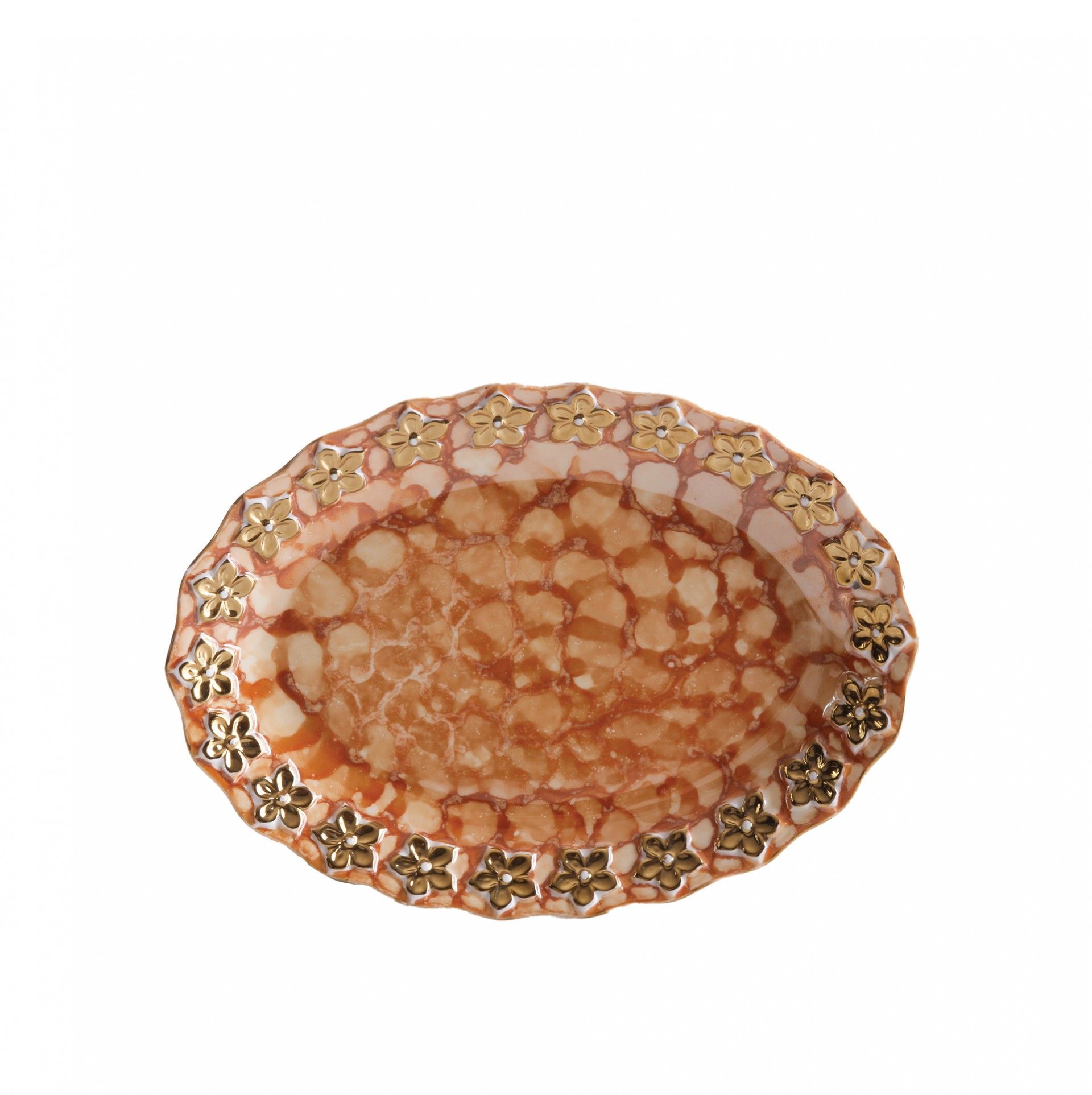 Prato Flores Douradas Oval Castanho 25CM
