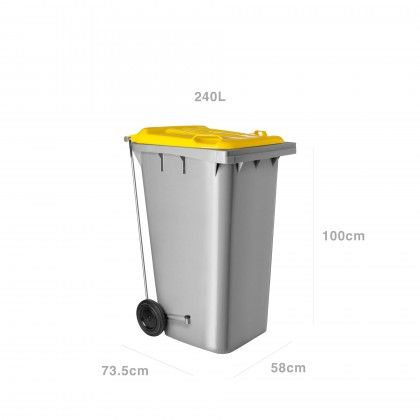 Contentor Eco Cinza com Pedal e Rodas Tampa Amarela 240l 73.5X58X100cm