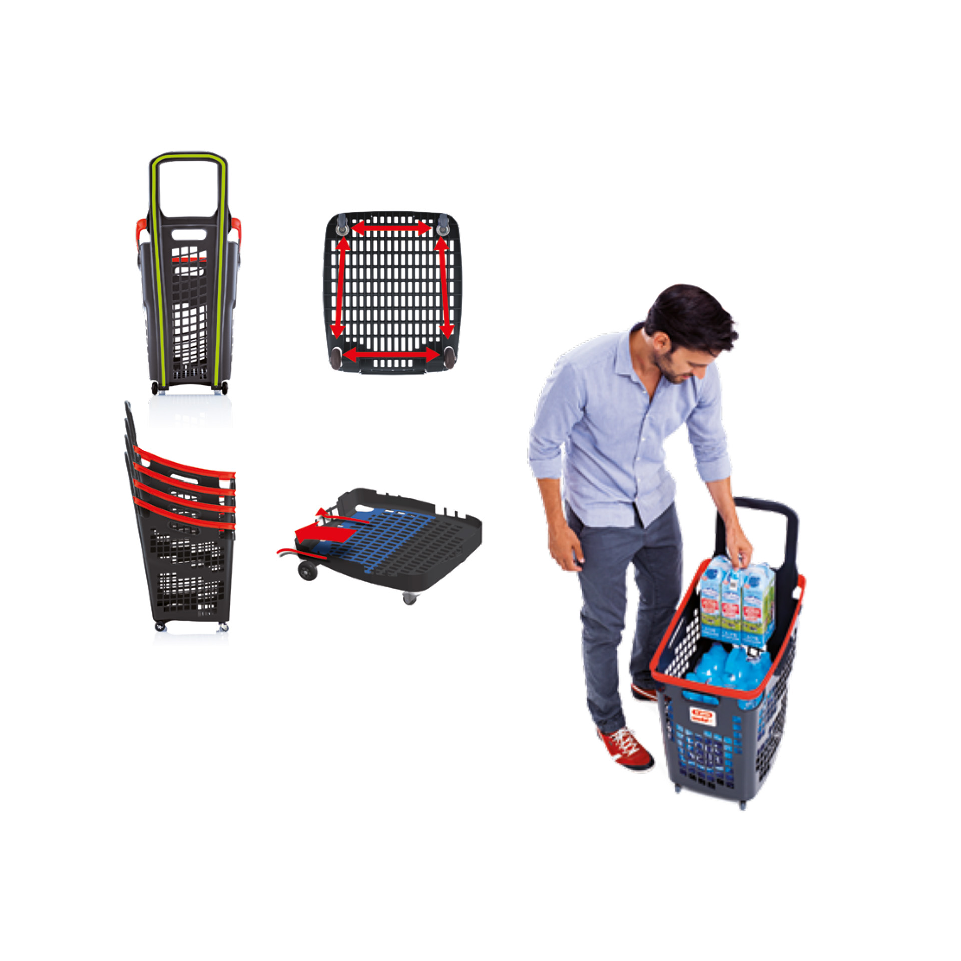 Cesto Compras com 4 Rodas Aro Vermelho 65l 39X54X87.5cm