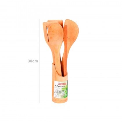 Conjunto 5 Colheres Cozinha Bambu com Suporte 30cm