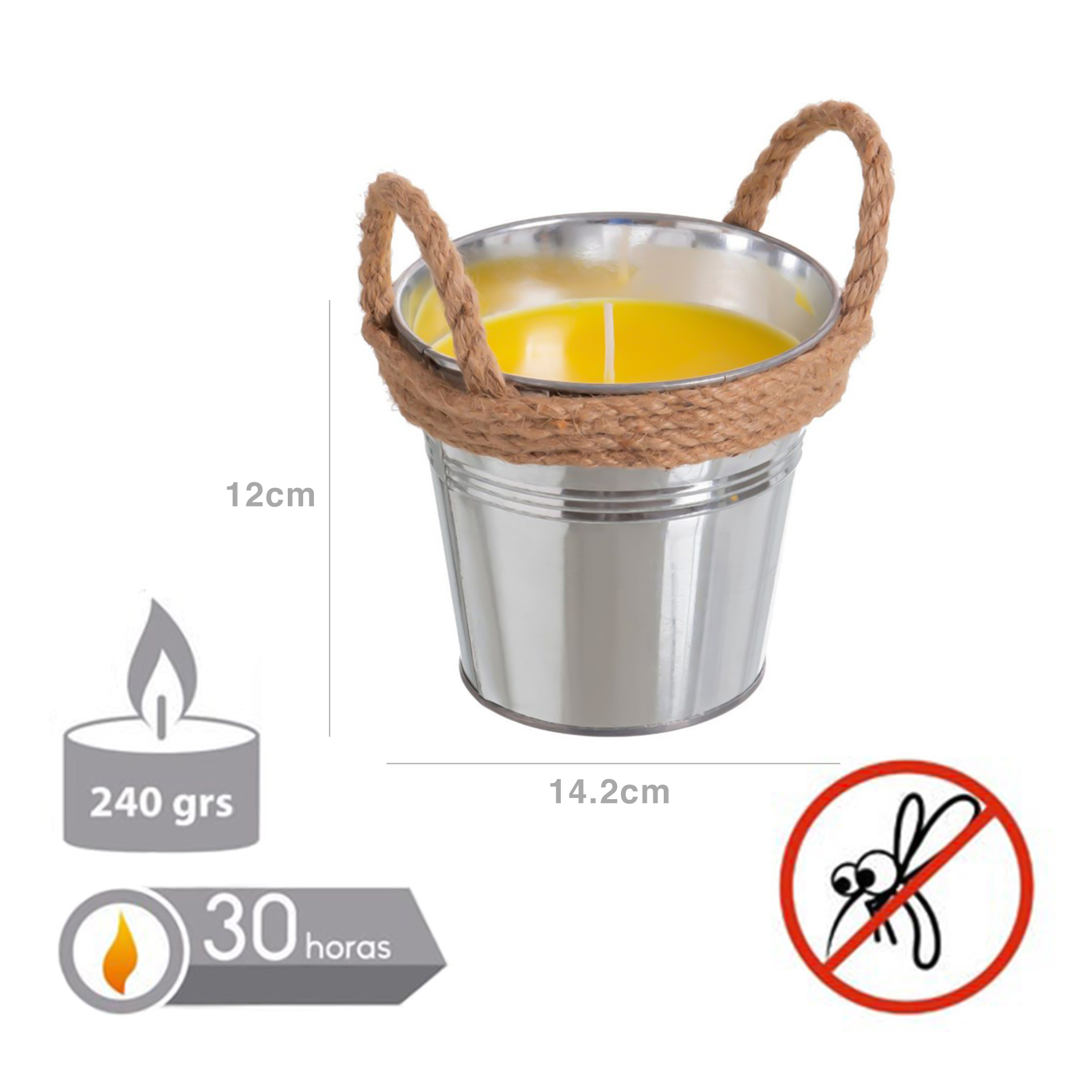 Vela Citronela Balde Metal com Asas 55H 240gr 14.2X12cm