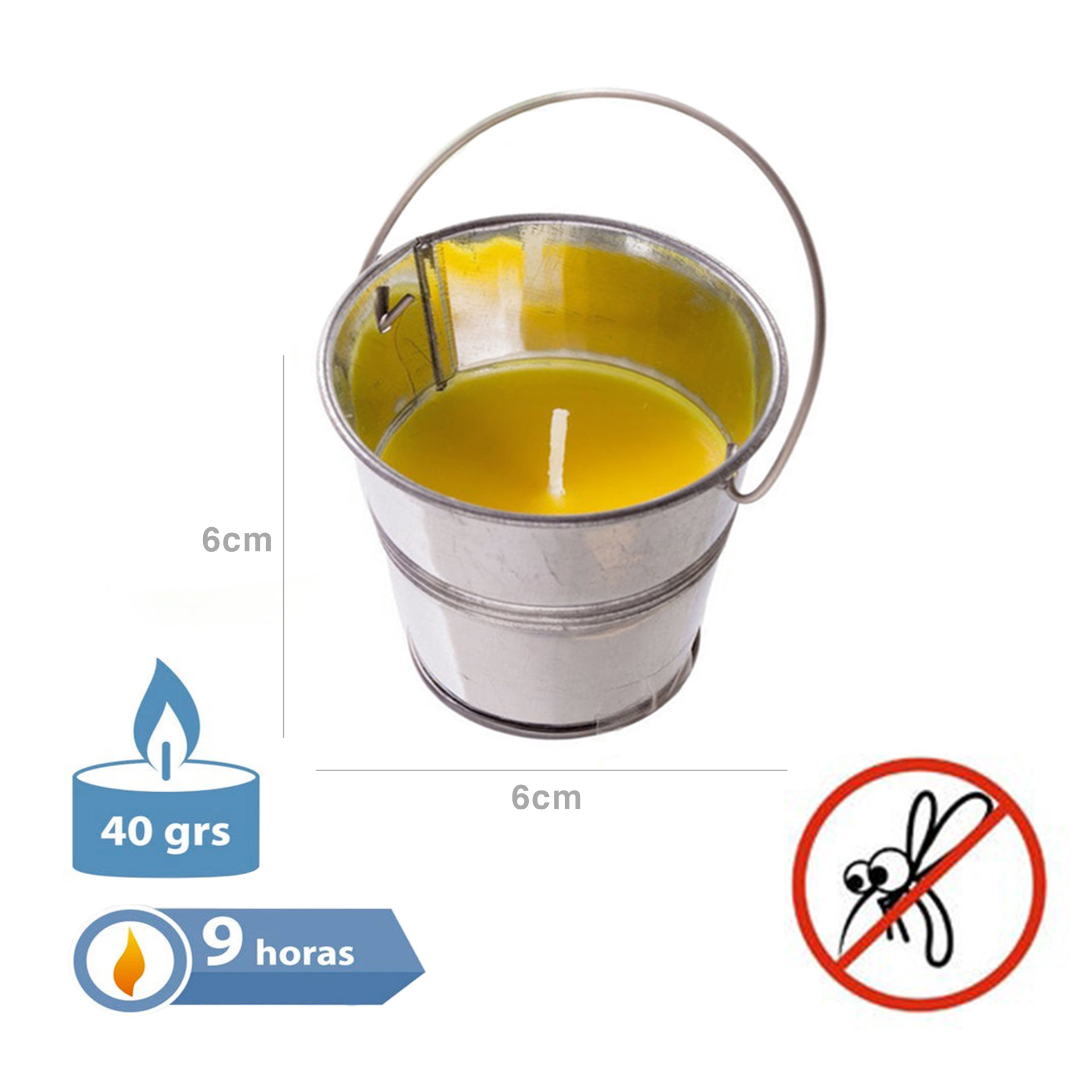Vela Citronela Balde Metal com Asa 9H 40gr 6X6cm