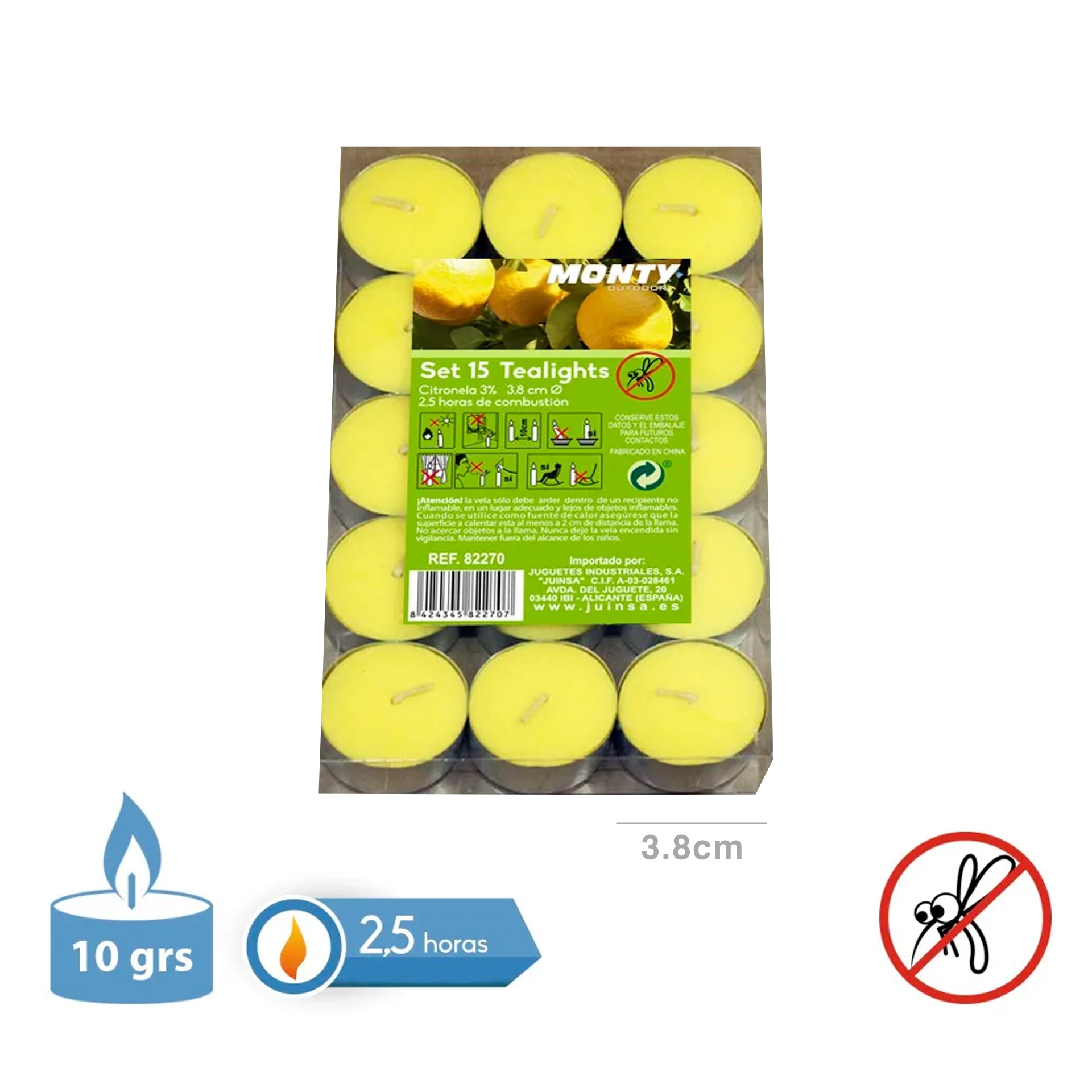 Tealights Citronela 2.5H 10gr 3.8X1.1cm Pack 15