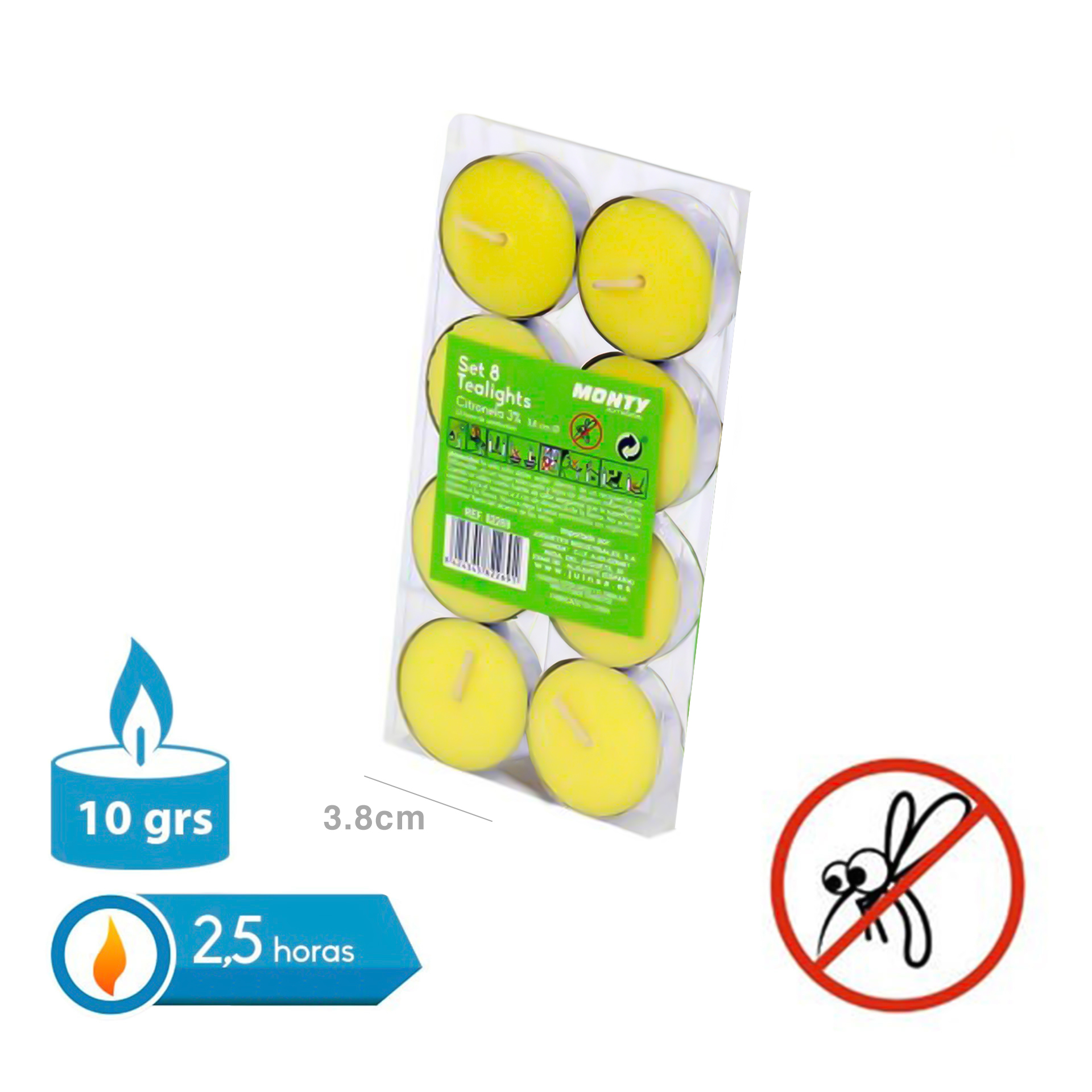 Tealights Citronela 2.5H 10gr 3.8X1.1cm Pack 8