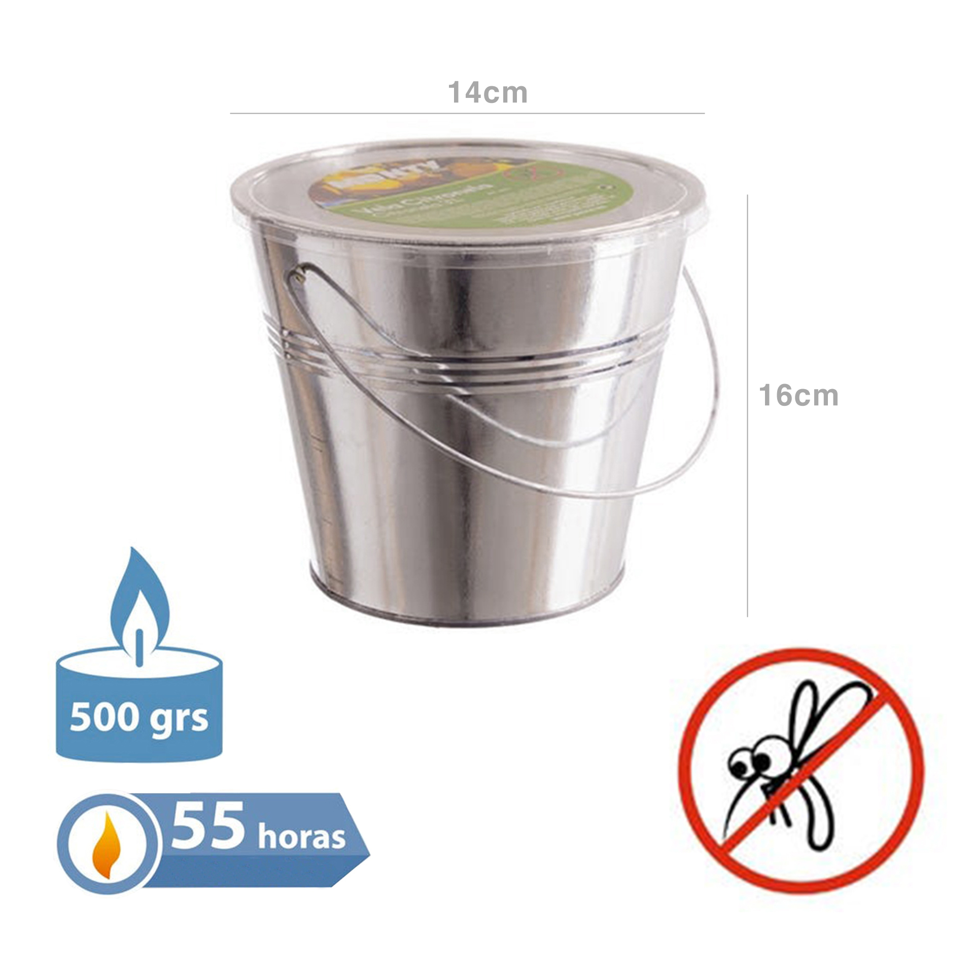 Vela Citronela Balde Metal com Asa 55H 500gr 16X14cm