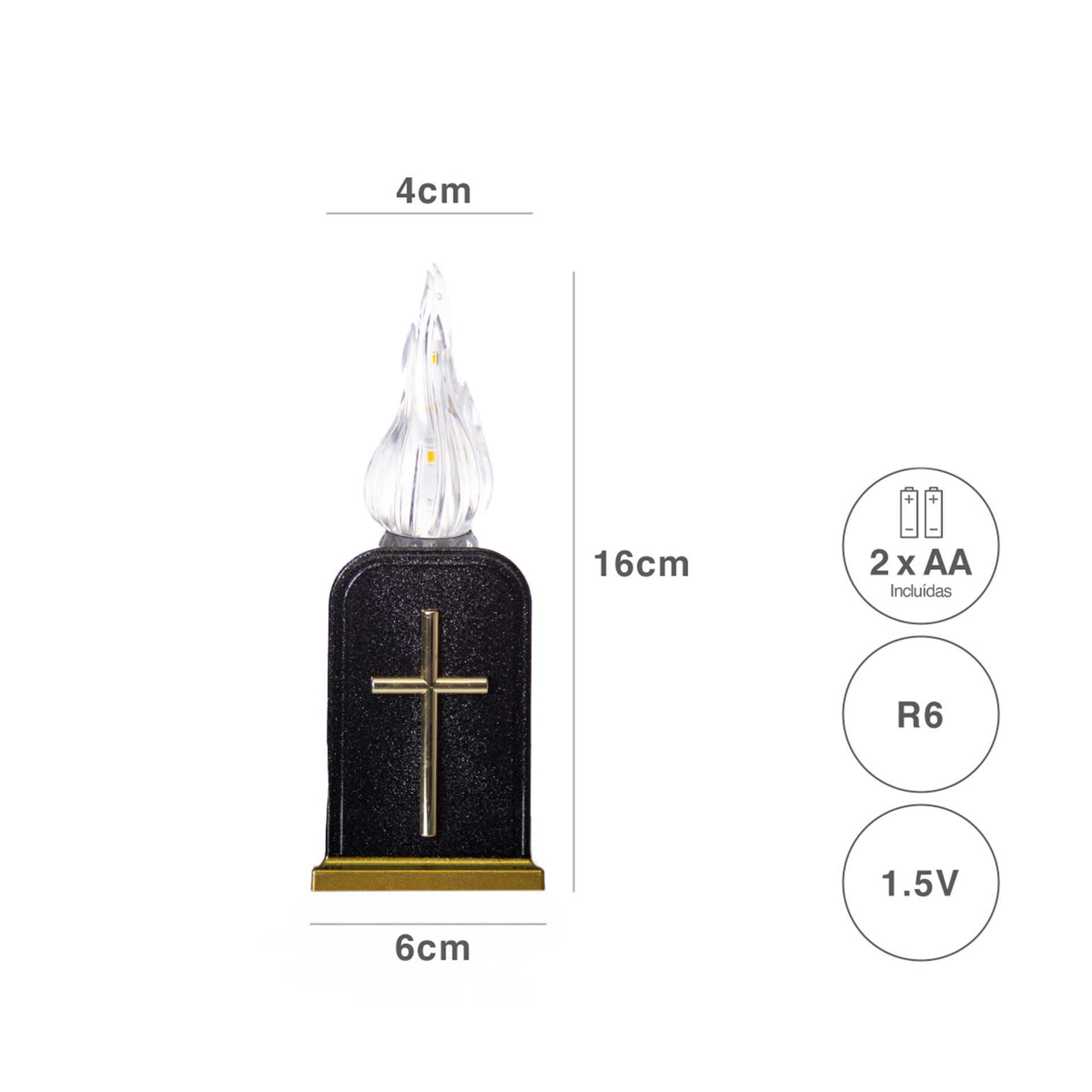 Círio Elétrico Memorial Luz Quente Intermitente 6X4X16cm Preto
