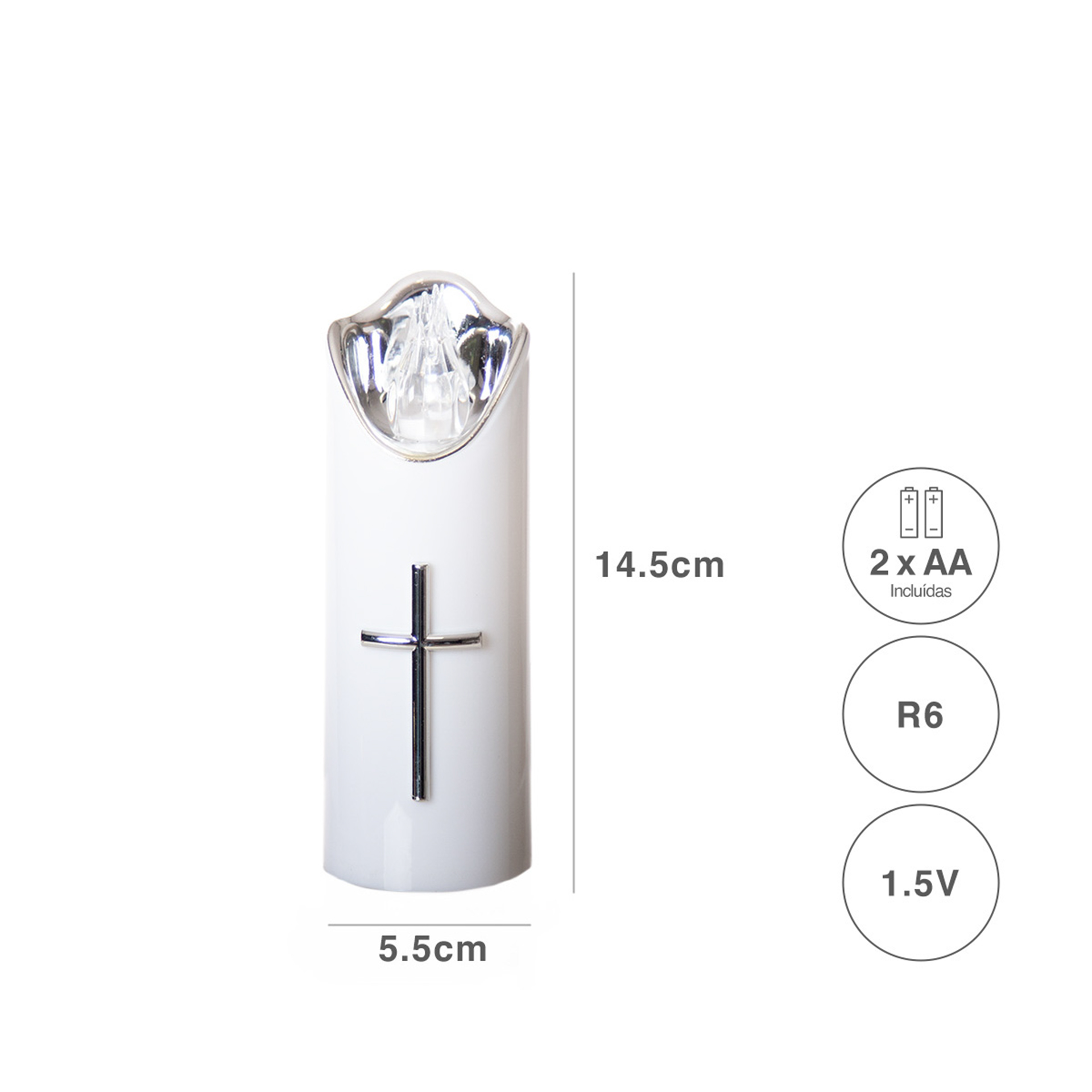 Círio Elétrico Cruz Cilindro Luz Fria 5.5X14.5cm Prateado