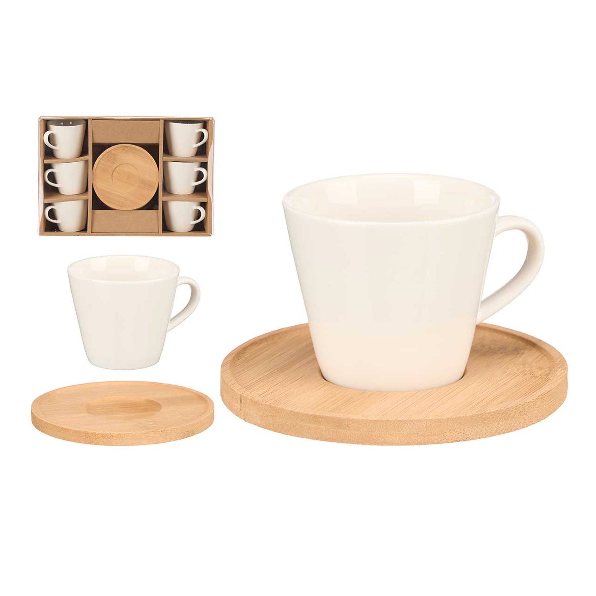 Chávena Café Cerâmica com Prato Bambu 8.7X6.5X5.6cm Pack 6