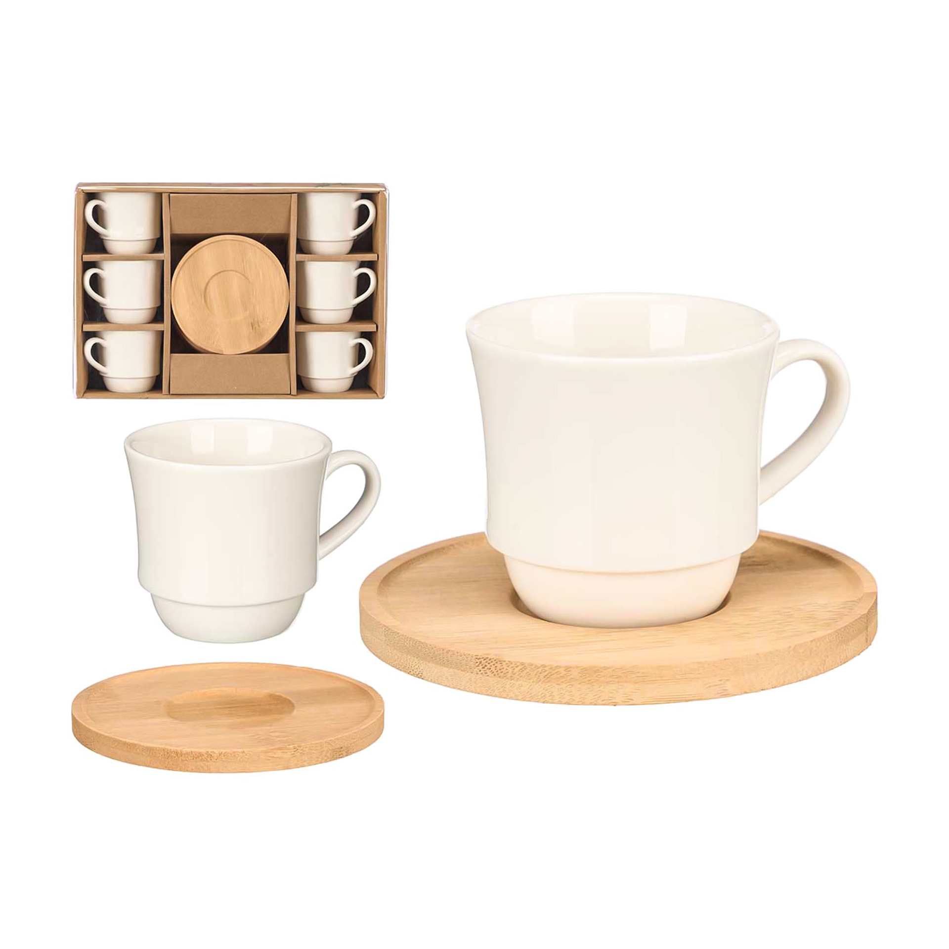 Chávena Café Cerâmica com Prato Bambu 9X6.4X6.1cm Pack 6