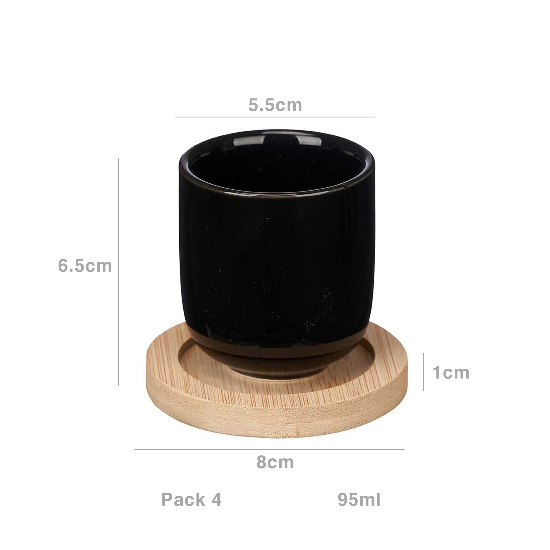 Copo Café Cerâmica com Prato Bambu Preto 95ml 5.5X6.5cm Pack 4