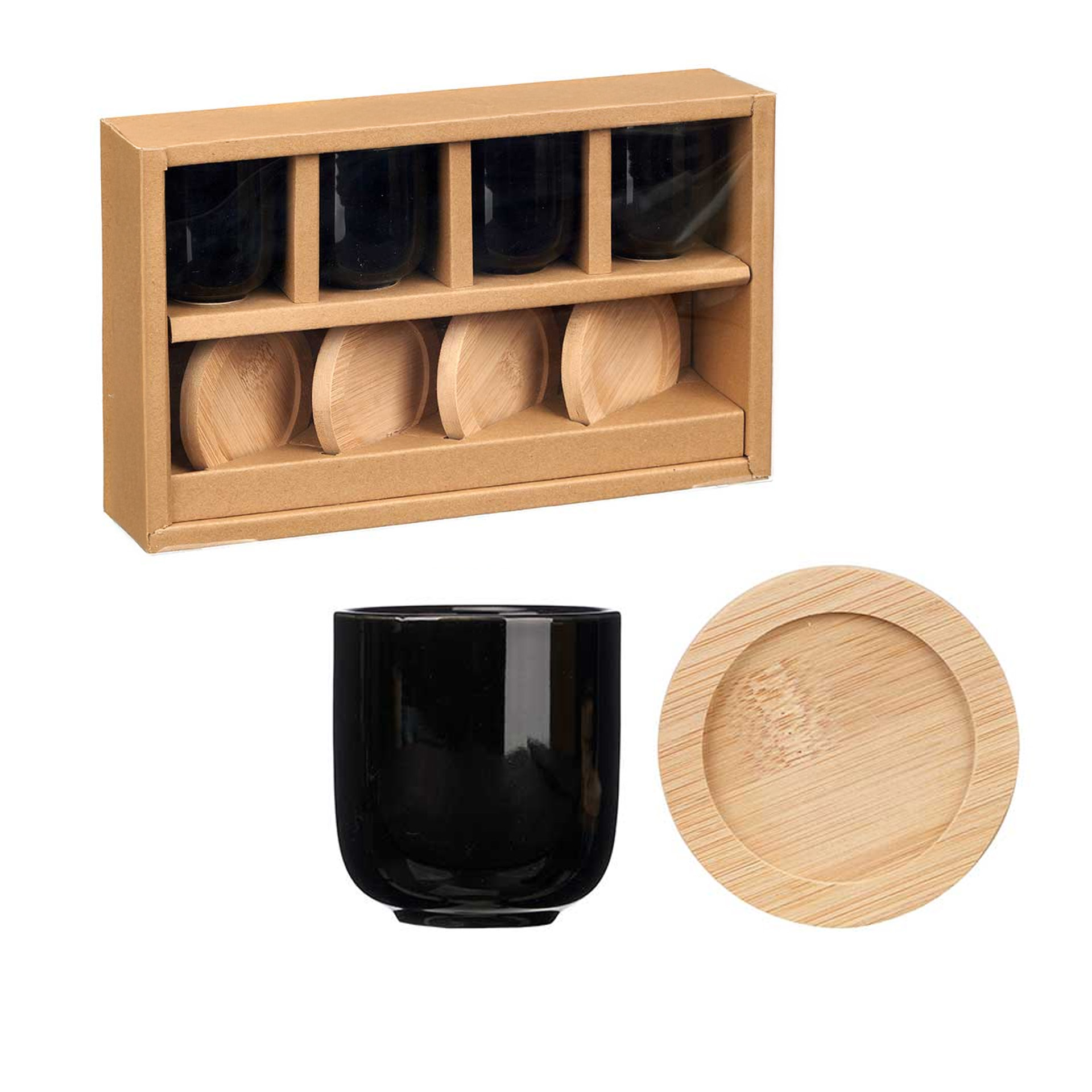Copo Café Cerâmica com Prato Bambu Preto 95ml 5.5X6.5cm Pack 4