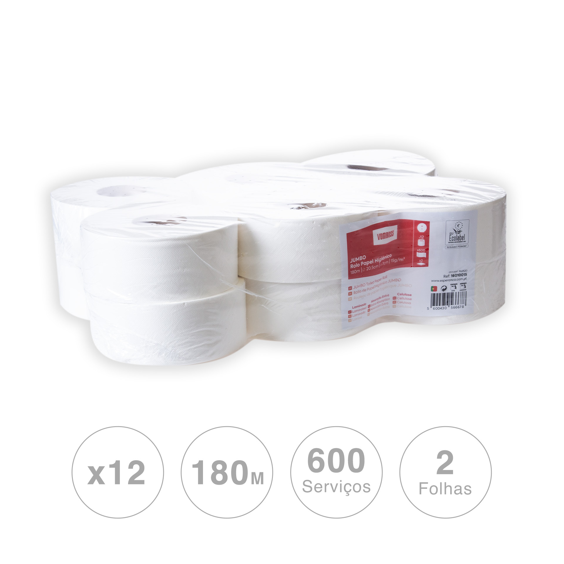 Rolo Papel Higiénico Jumbo 600 Serviços 180m Pack 12