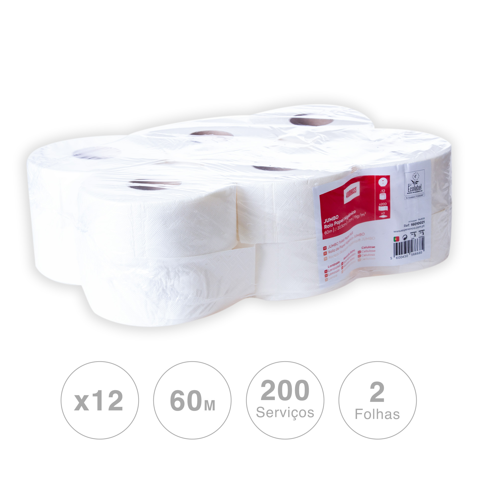 Rolo Papel Higiénico Jumbo 60m Pack 12