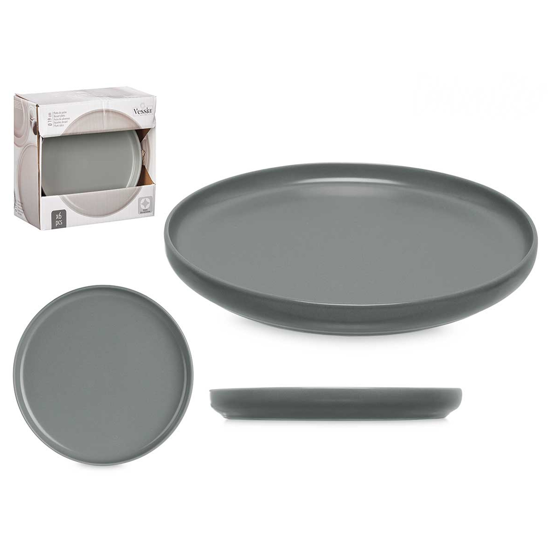 Prato Grés Sobremesa Cinzento Escuro 20cm Pack 6