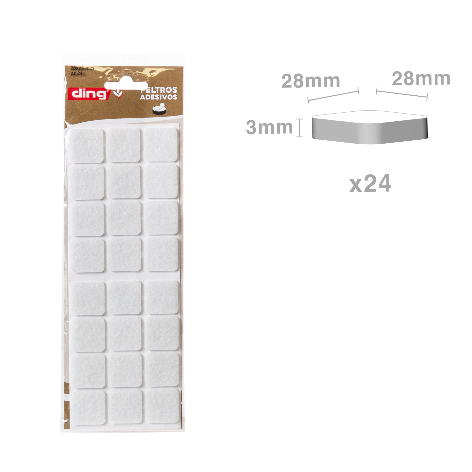 Feltro Adesivo Quadrado Branco 28X28X3mm Pack 24