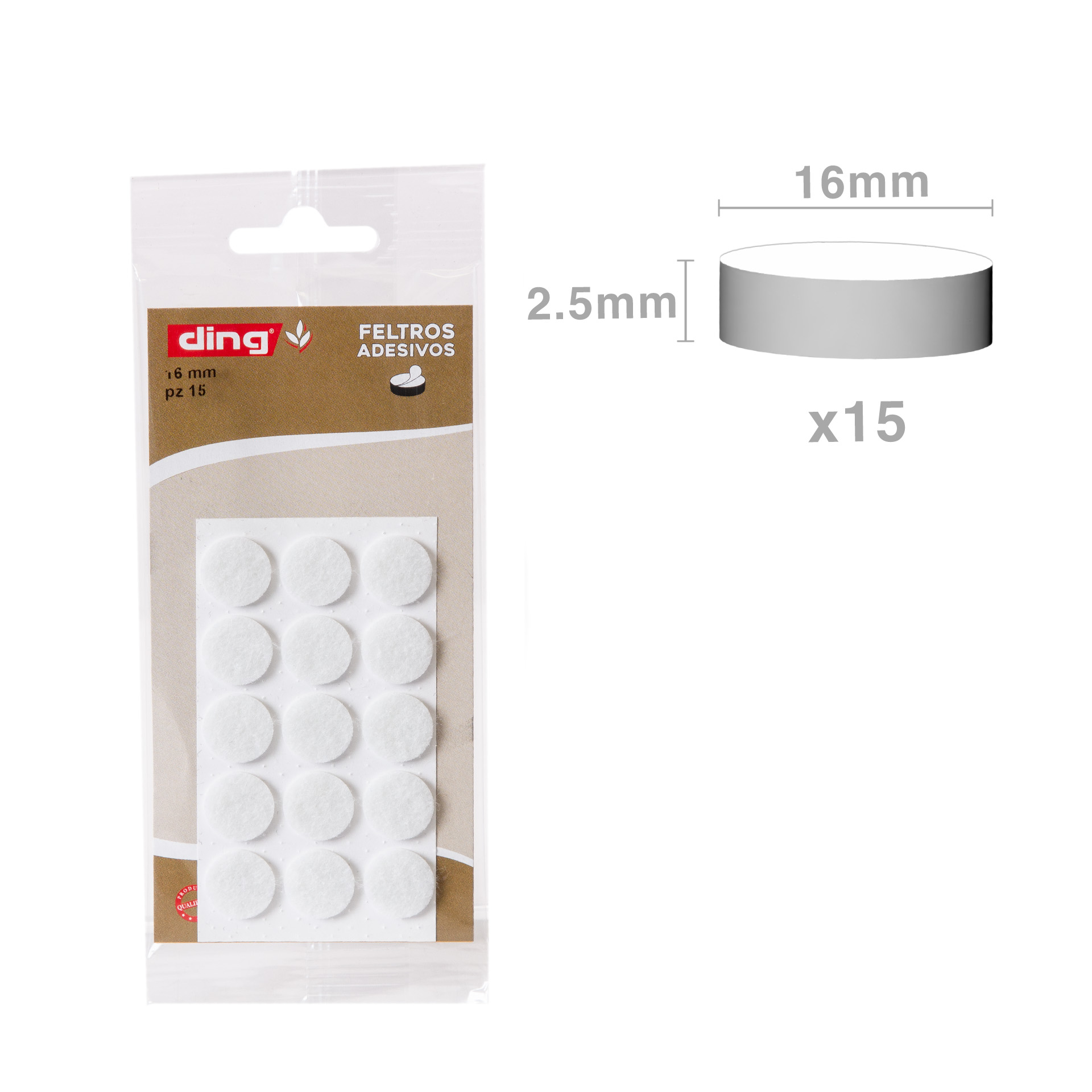 Feltro Adesivo Redondo Branco 16X2.5mm Pack 15