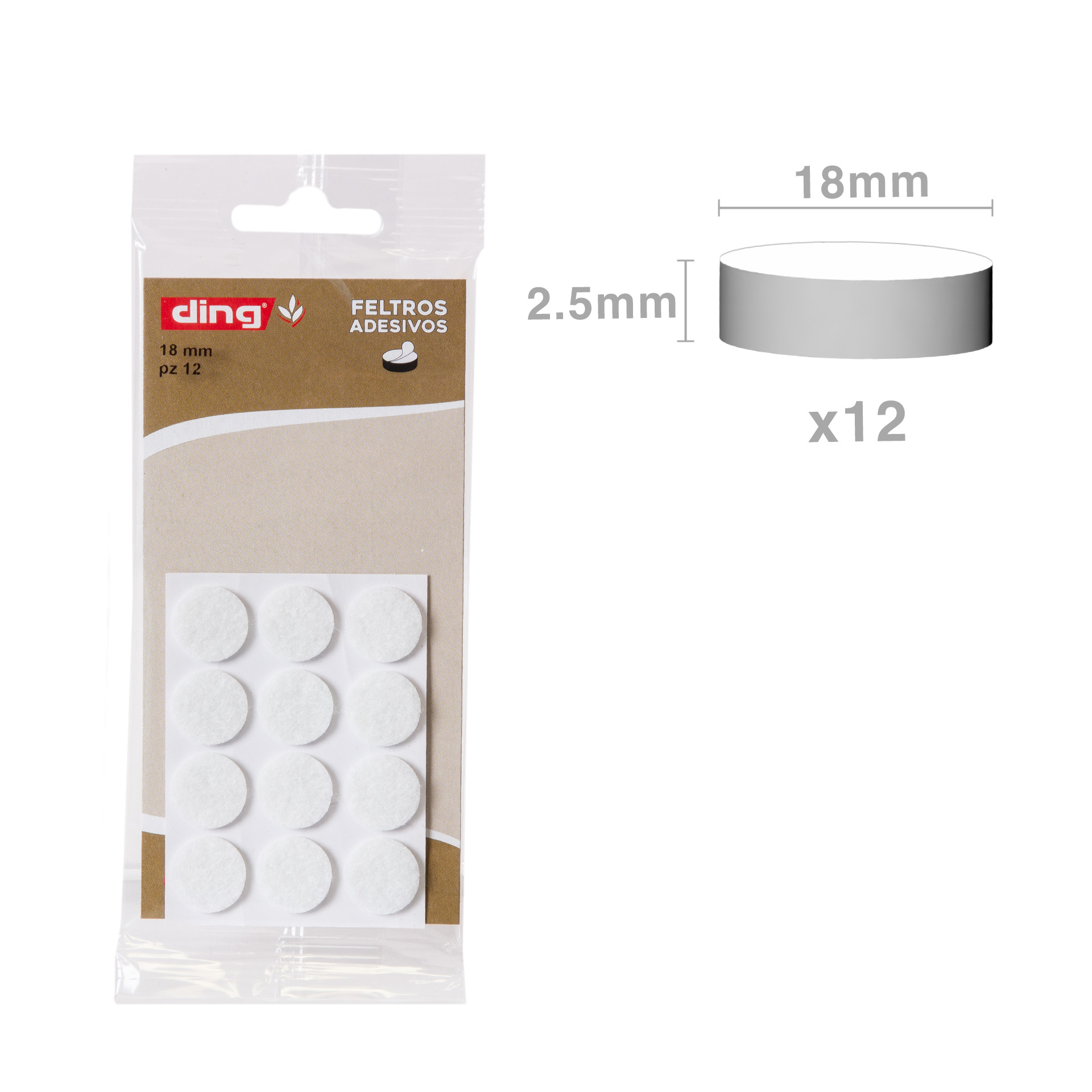 Feltro Adesivo Redondo Branco 18X2.5mm Pack 12