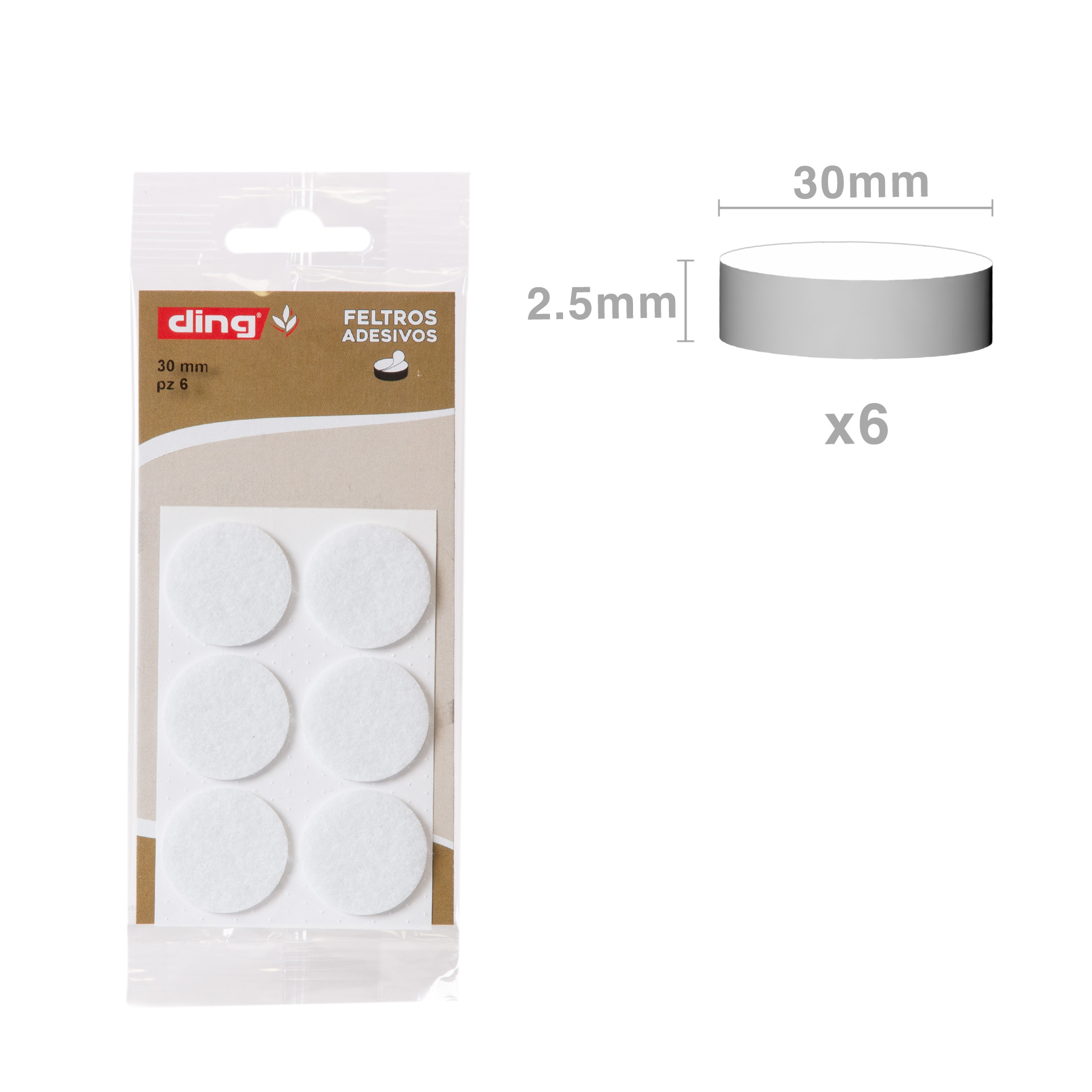 Feltro Adesivo Redondo Branco 30X2.5mm Pack 6