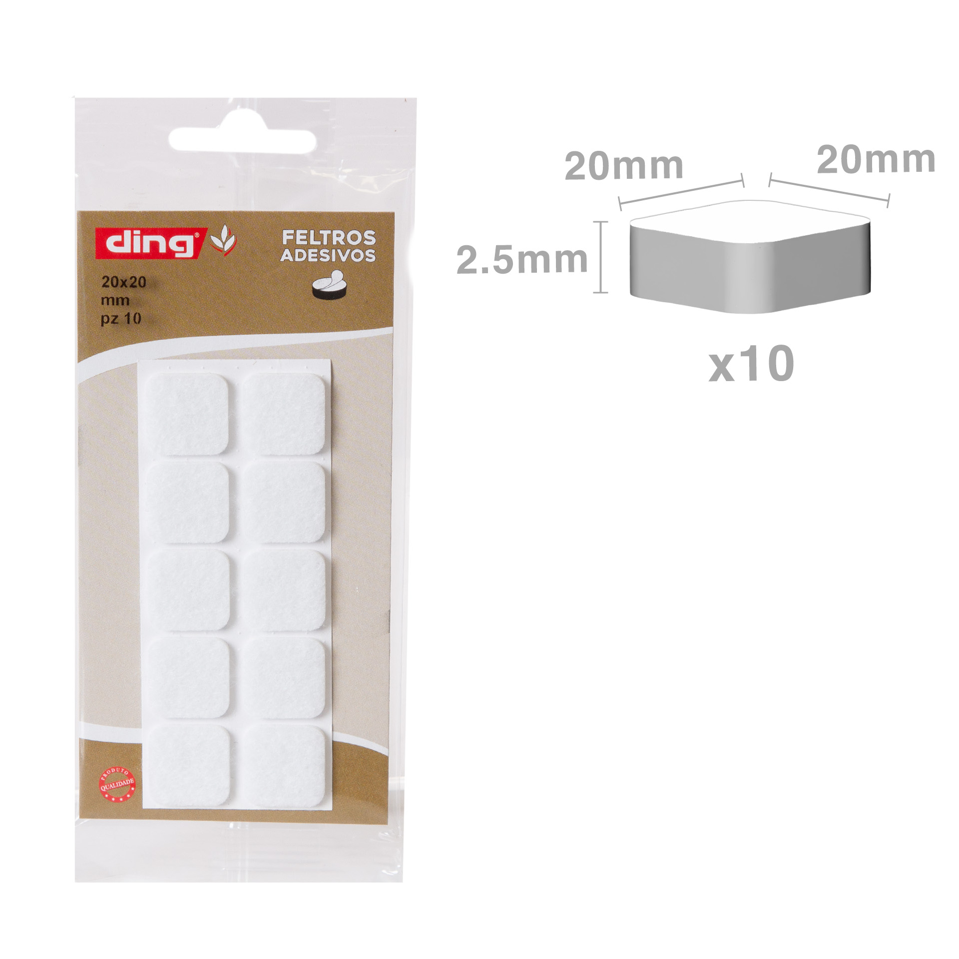 Feltro Adesivo Quadrado Branco 20X20X2.5mm Pack 10