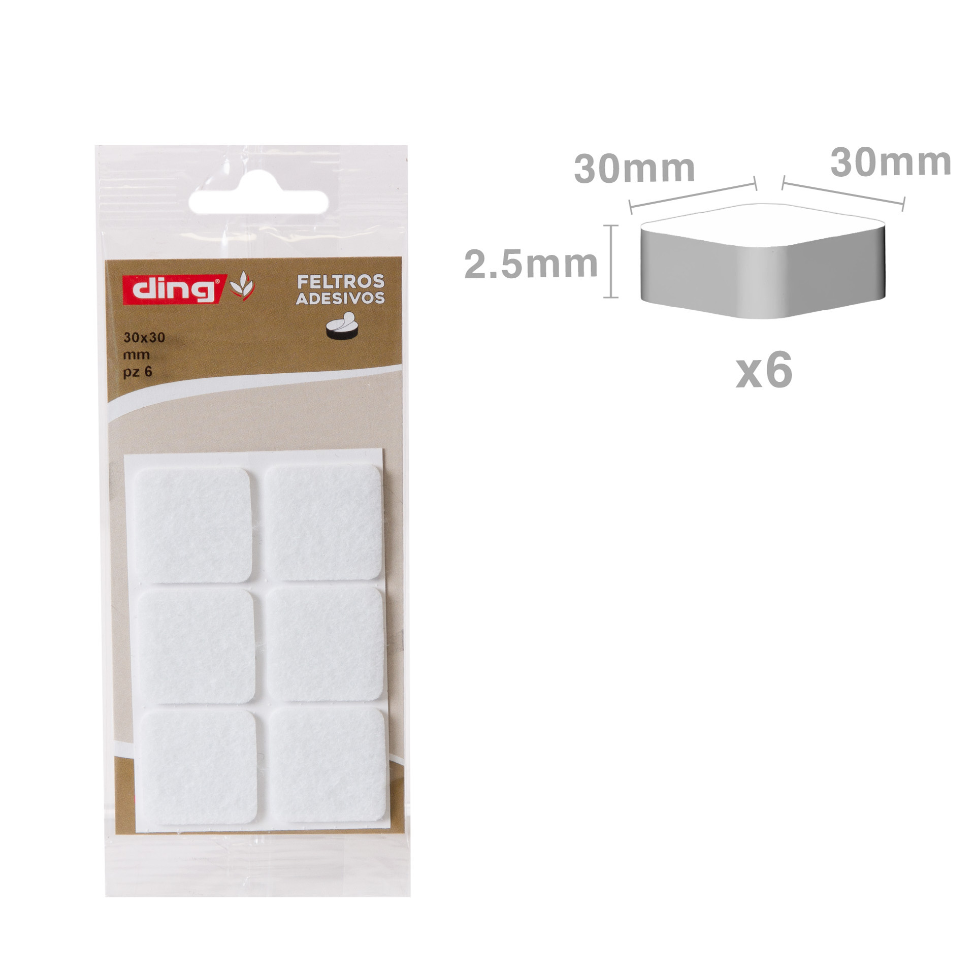 Feltro Adesivo Quadrado Branco 30X30X2.5mm Pack 6